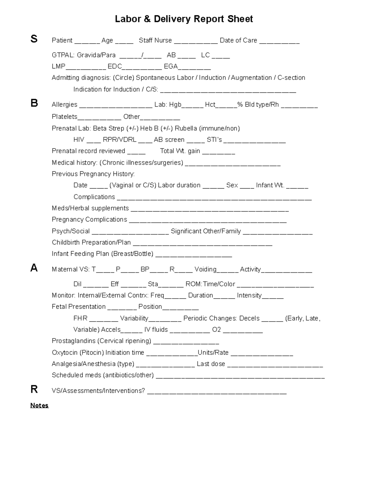 Labor & Delivery Report Sheet (LD Assessment Form) - Studocu