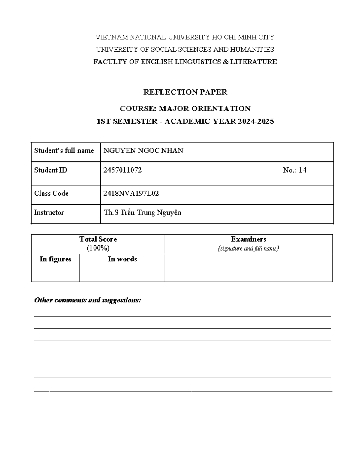 Major Orientation Reflection Paper - Course Code 2418NVA197L - Studocu