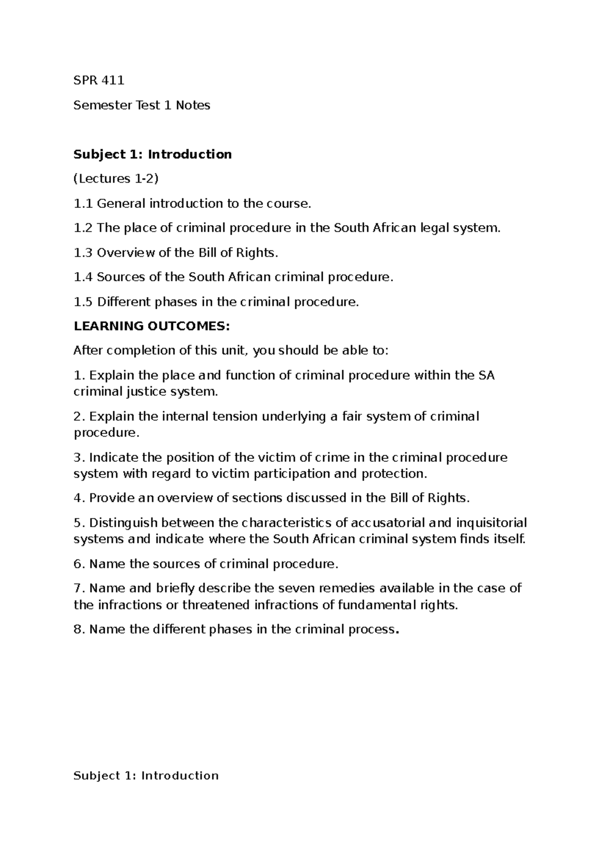 SPR 411 Test 1 Notes: Overview of Criminal Procedure in SA - Studocu