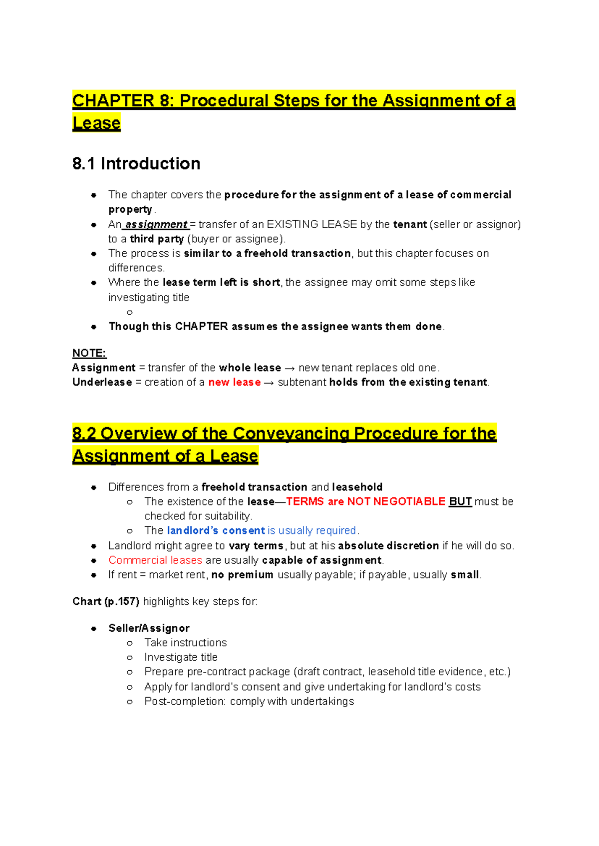 UNIT 6 - Chapter 8: Lease Assignment Procedures Explained - Studocu