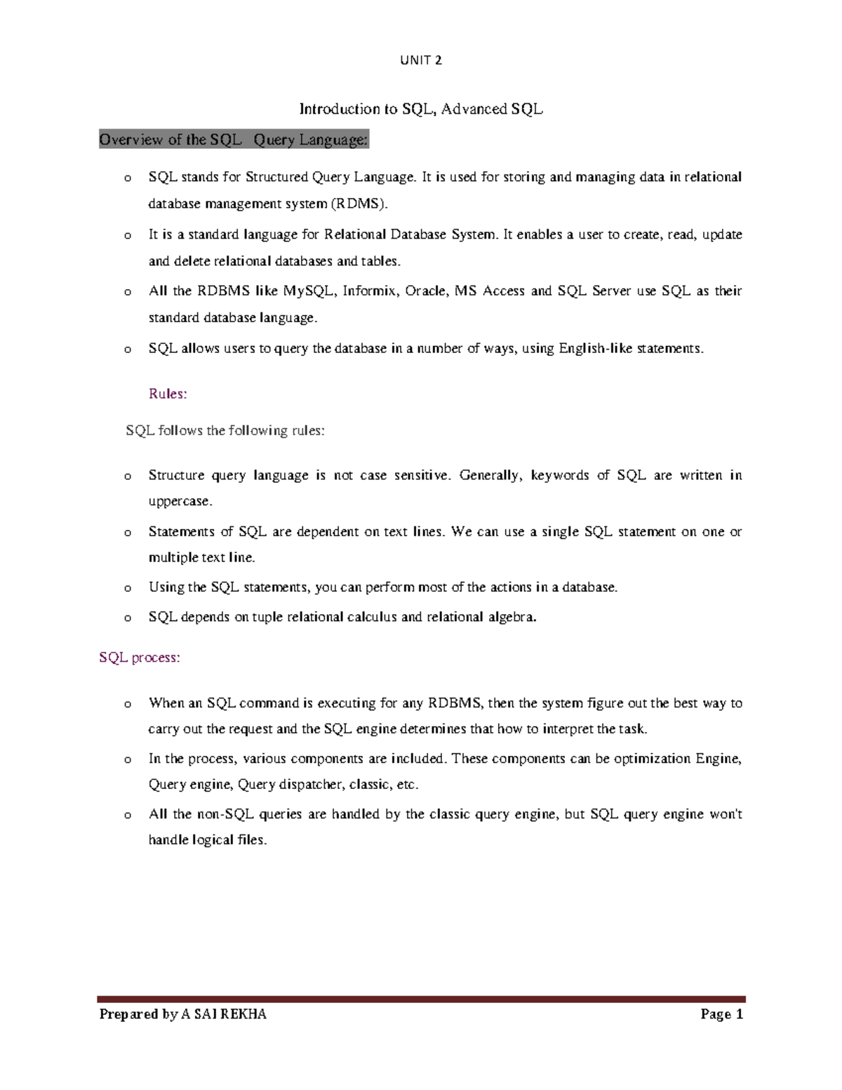UNIT 2 DBMS SQL Concepts and Key Components Notes - Studocu