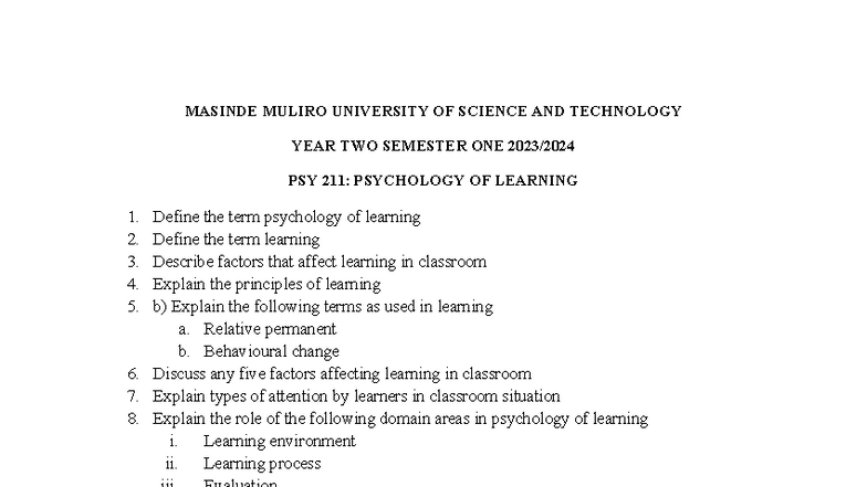 Psy 211: Psychology of Learning - Comprehensive Study Guide - Studocu