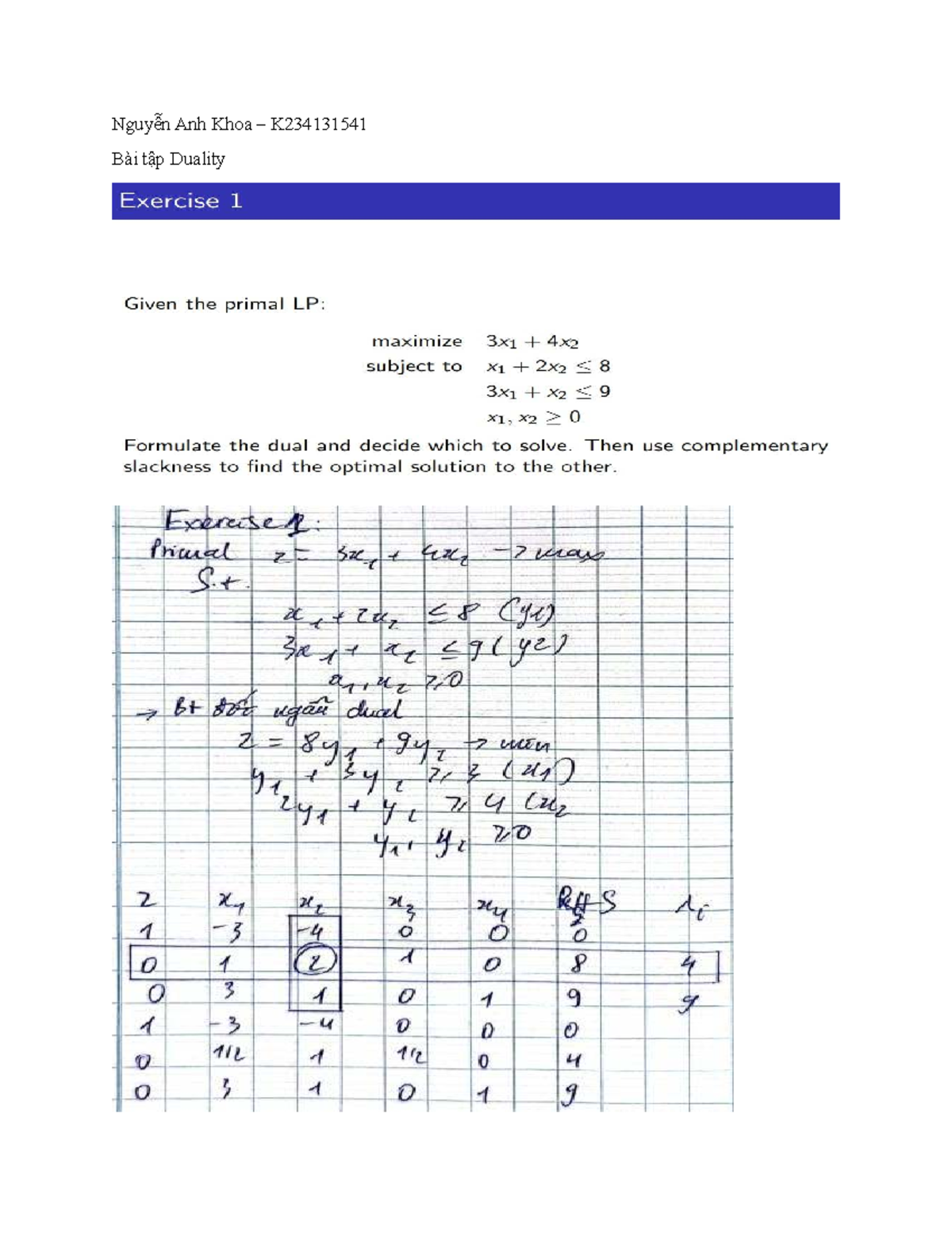 K234131541 Bài Tập Duality: Optimal Solutions & Complementary Slackness ...
