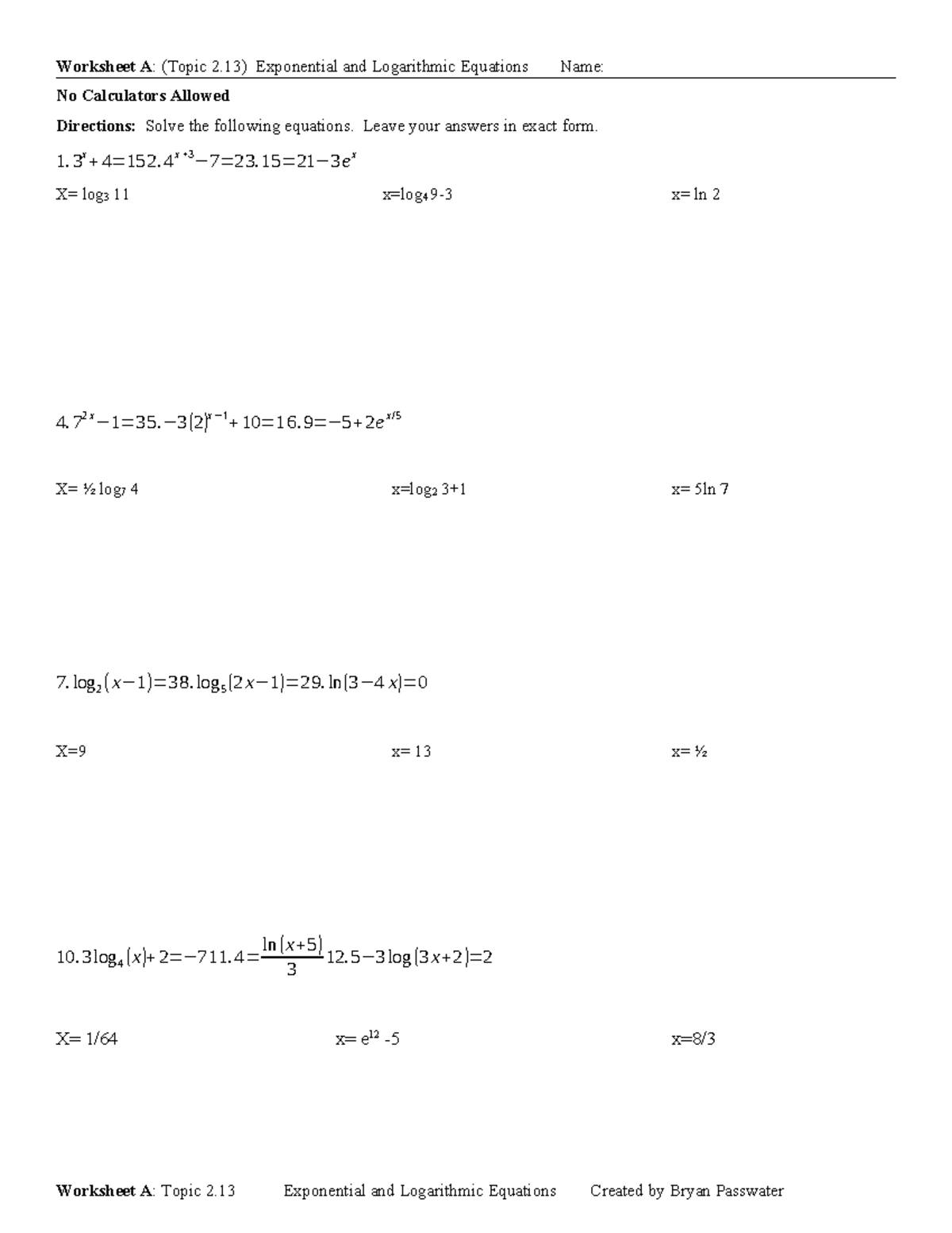 Worksheet A: Topic 2.13 Exponential & Logarithmic Equations - Studocu