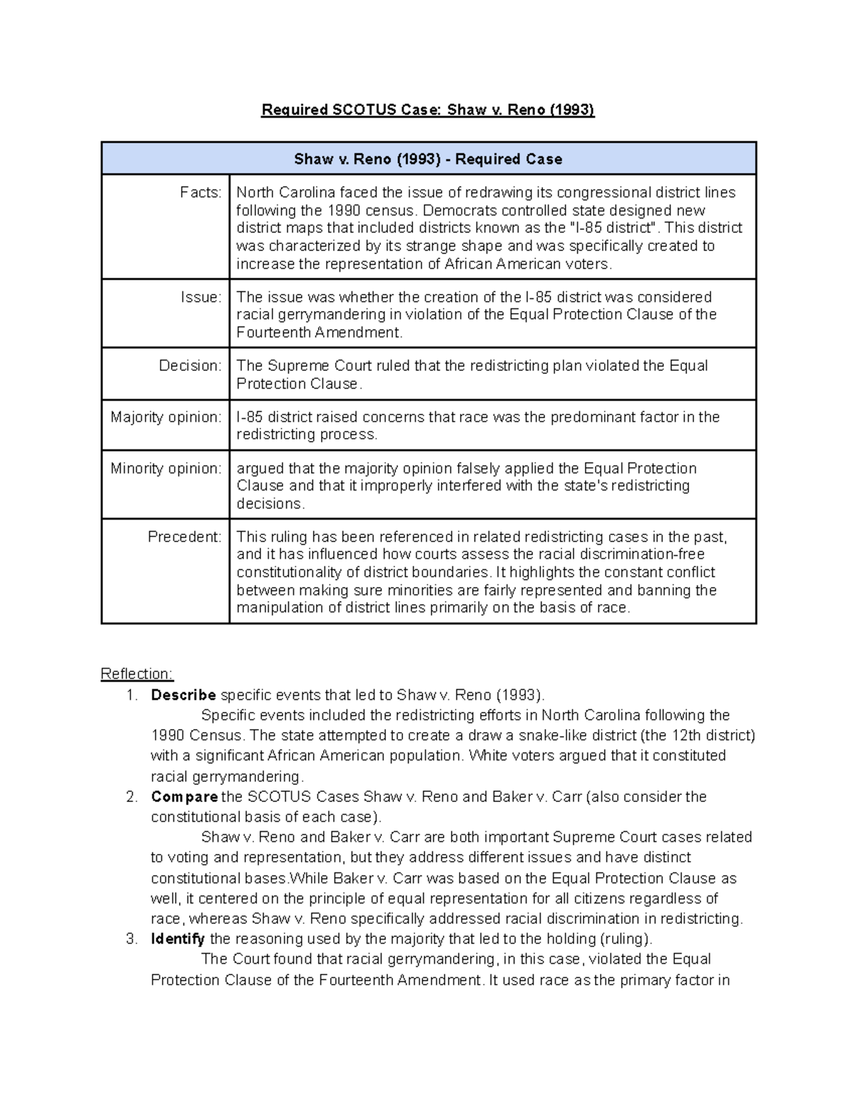 CH.3 - Required SCOTUS Cases: Shaw v. Reno & Baker v. Carr Analysis ...