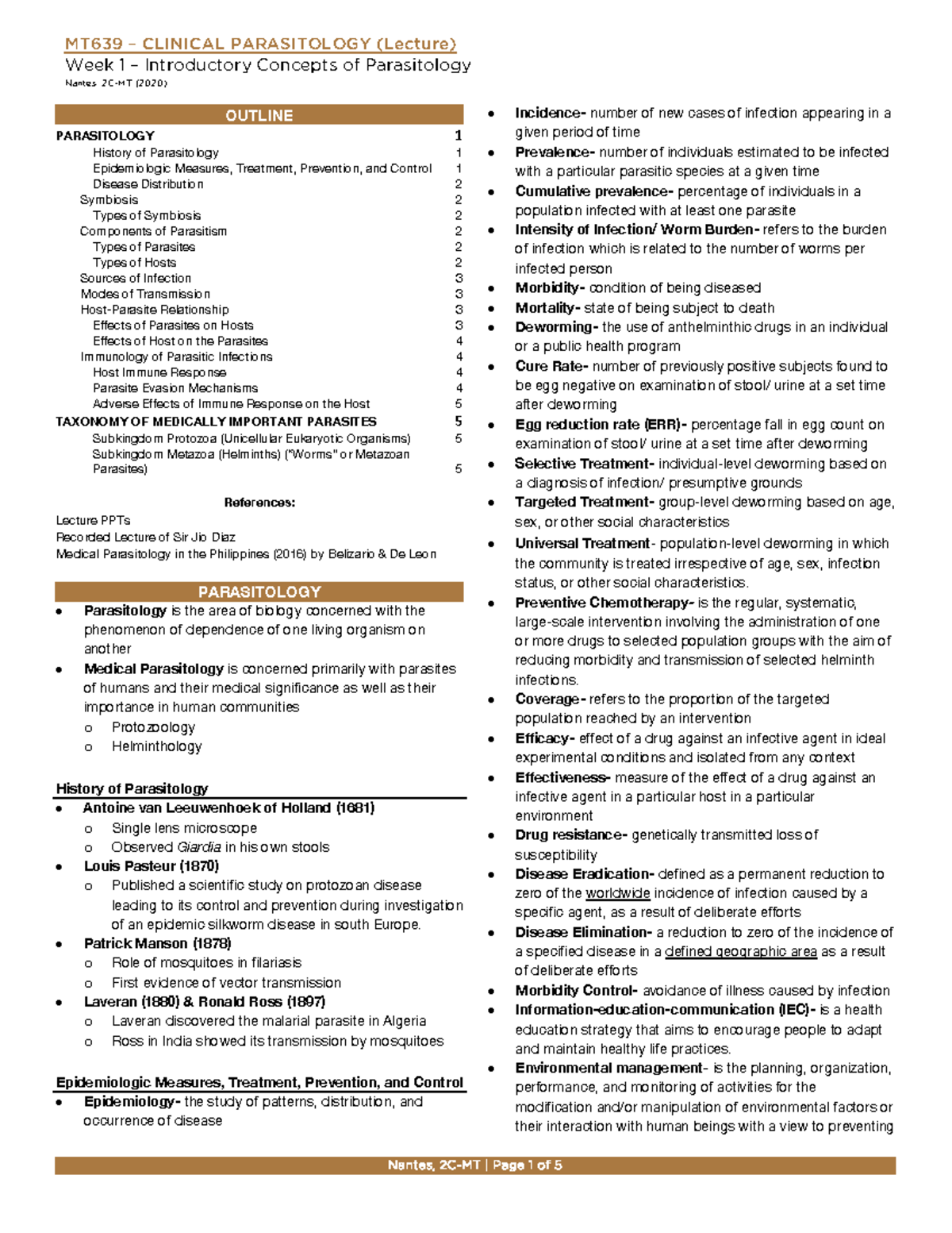 MT639 Clinical Parasitology (Lecture) Week 1: Intro to Parasitology ...