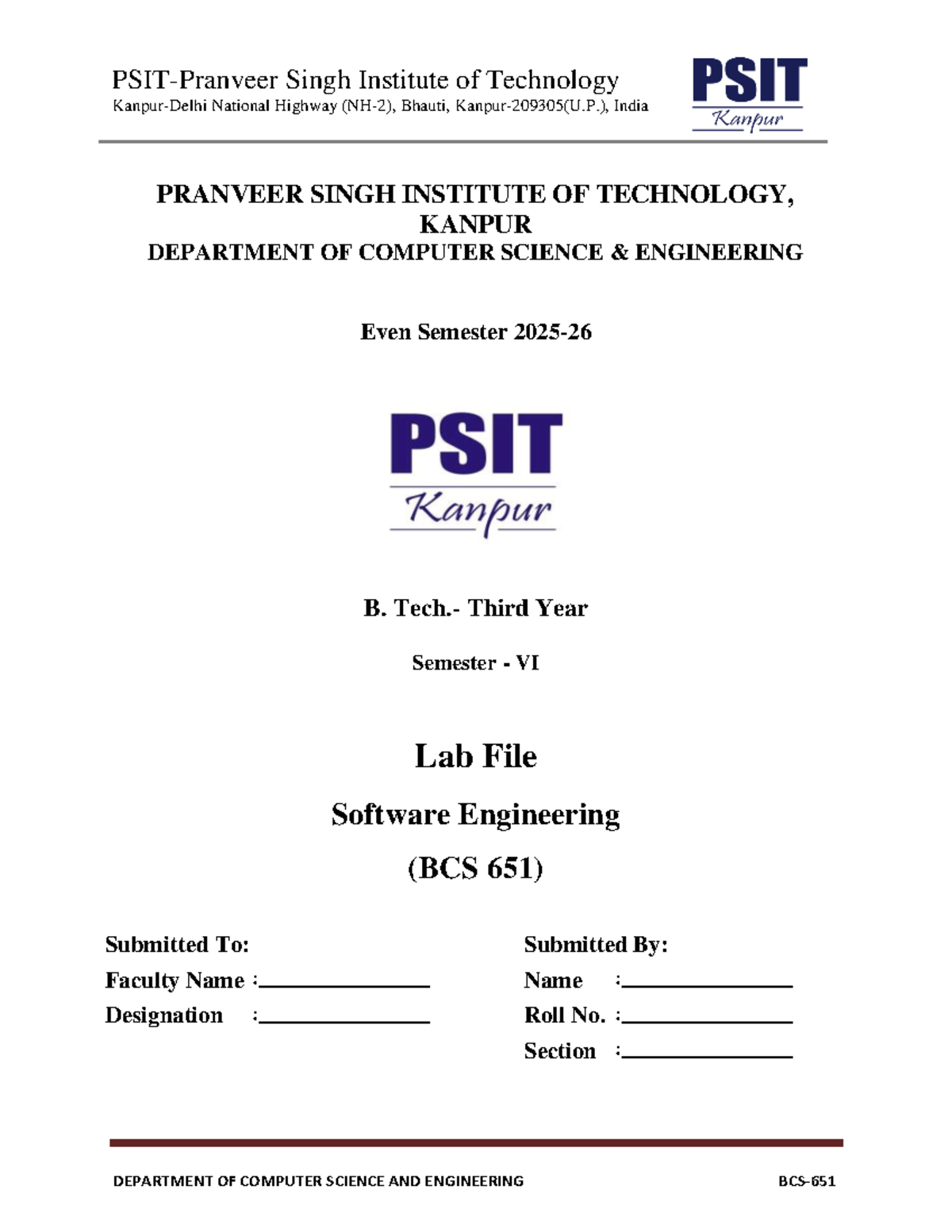 Software Engineering Lab File (BCS 651) - Third Year Semester VI - Studocu