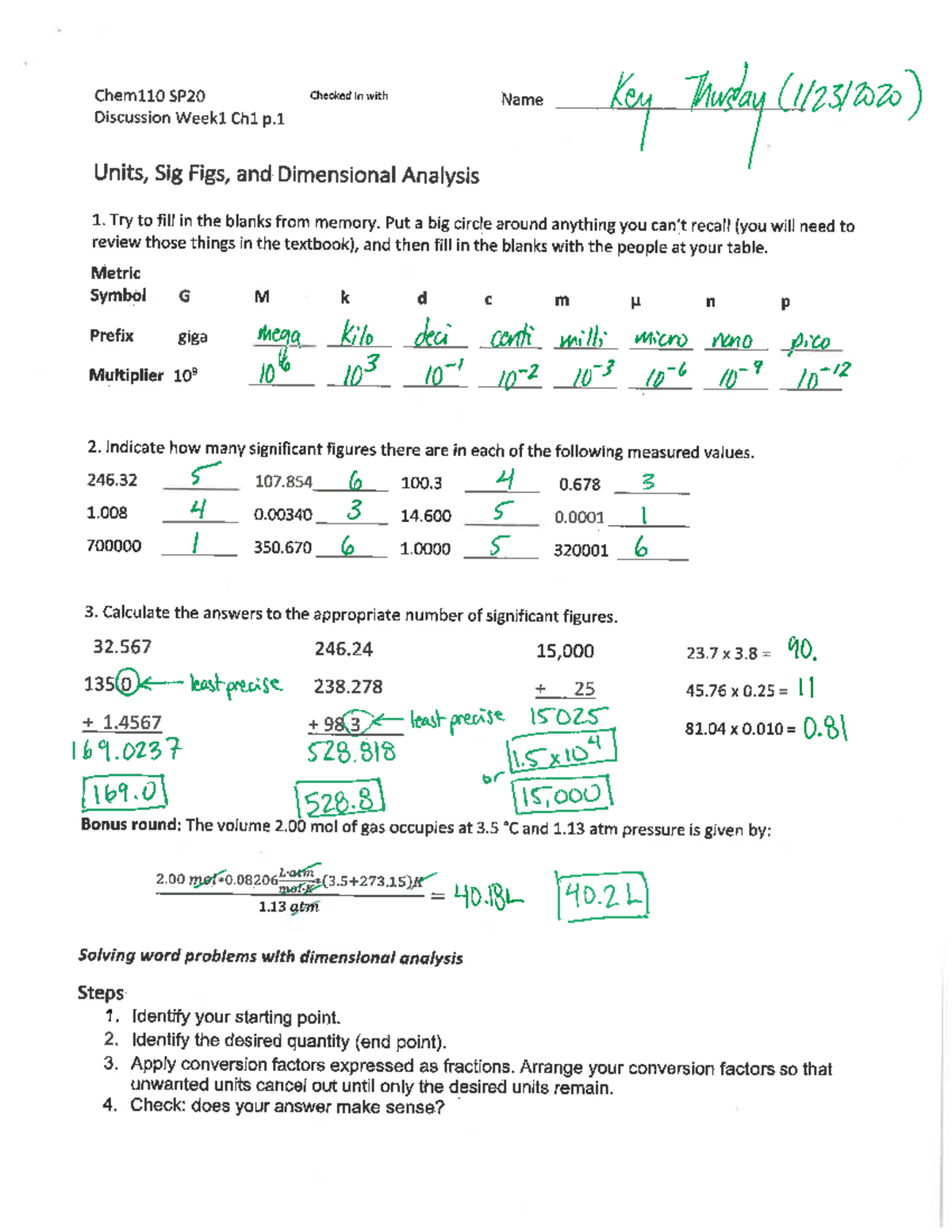 Chem 110 SP20 Discussion Key Wk 1: Units, Significant Figures, and ...