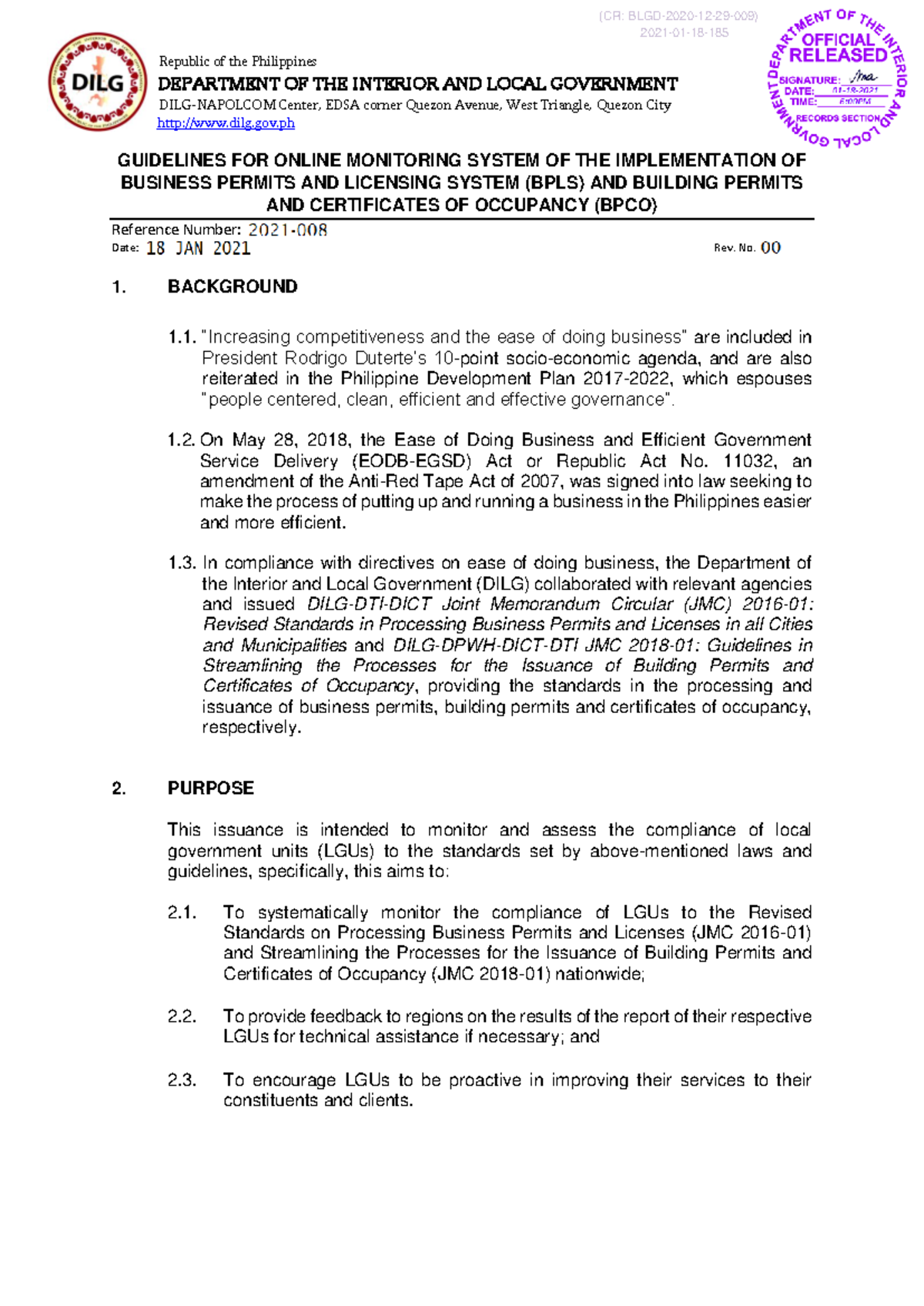 Guidelines for Online Monitoring of BPLS & BPCO Compliance (DILG Memo ...