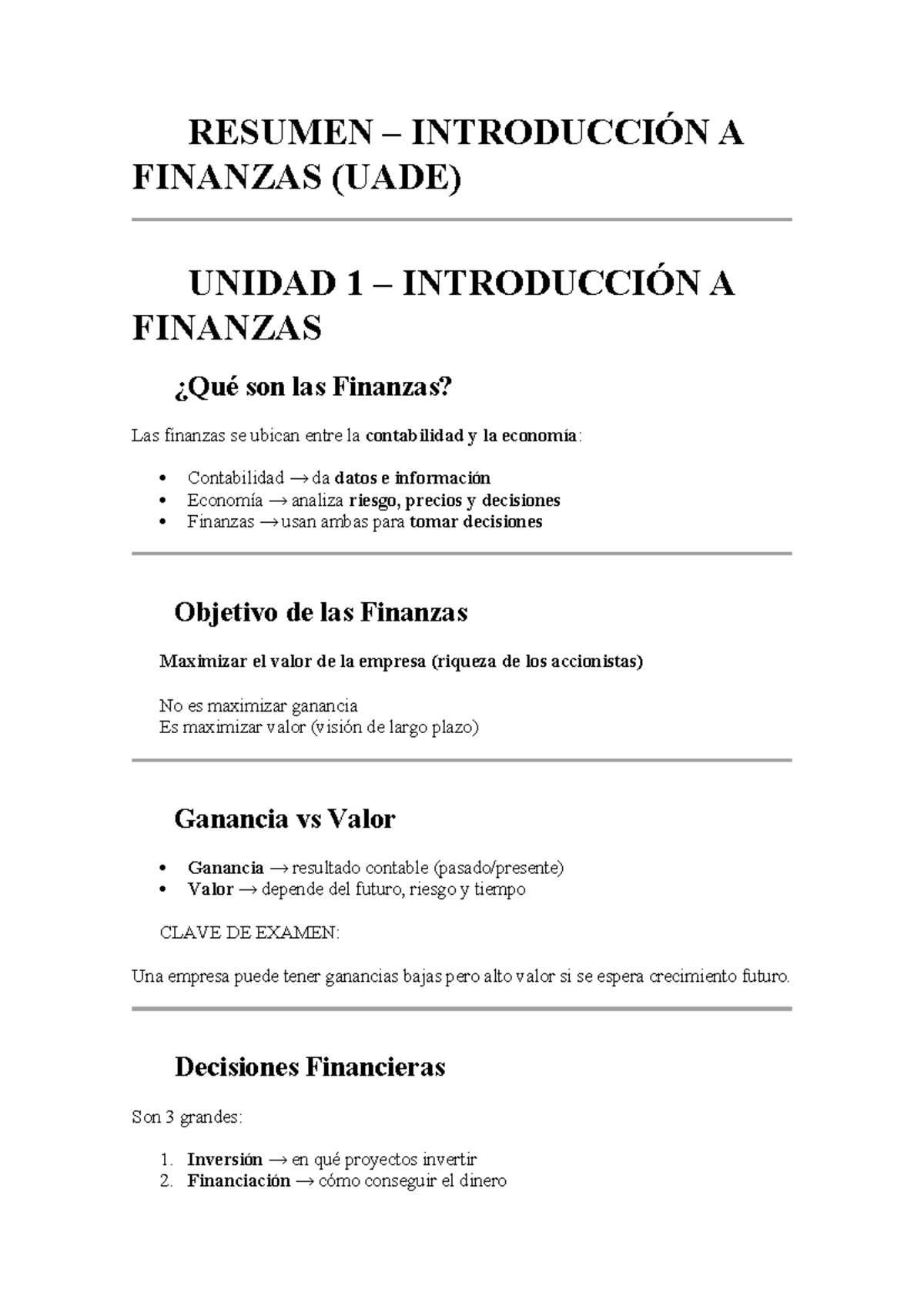 Resumen de Finanzas (UADE) - Unidad 1 y 2: Claves y Conceptos - Studocu