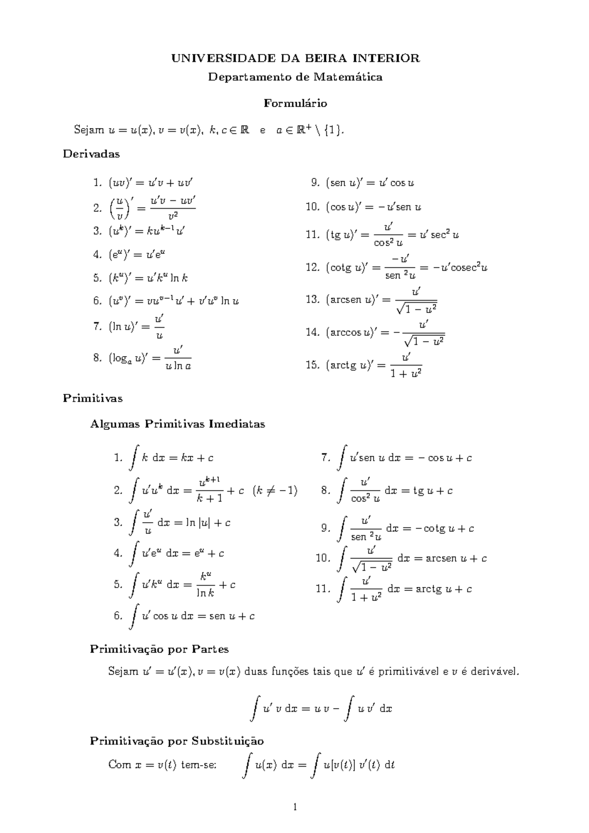 Formulário de derivadas e primitivas - Matemática 101 - Studocu