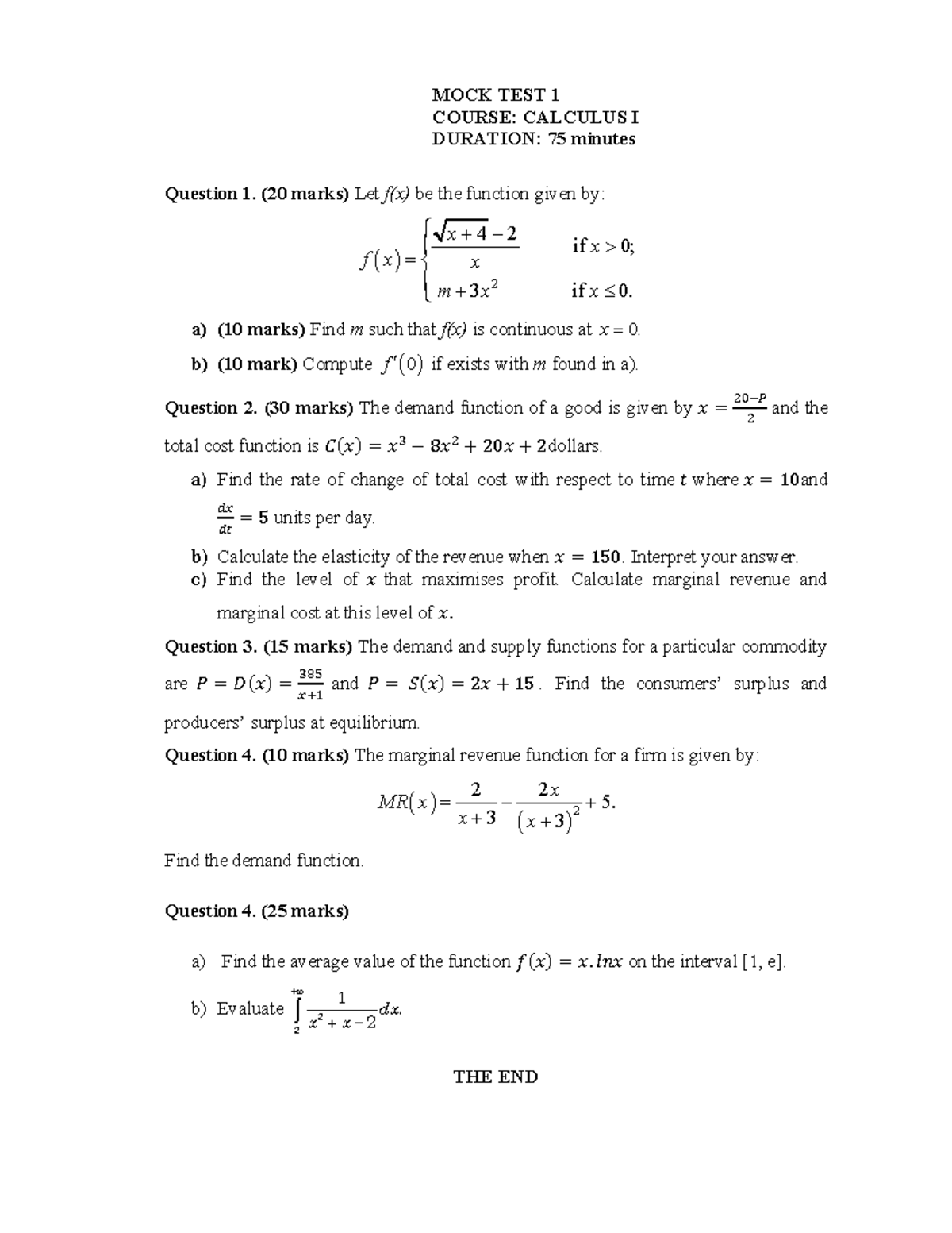 Mock-test-1 - MOCK TEST 1 COURSE: CALCULUS I DURATION: 75 minutes ...