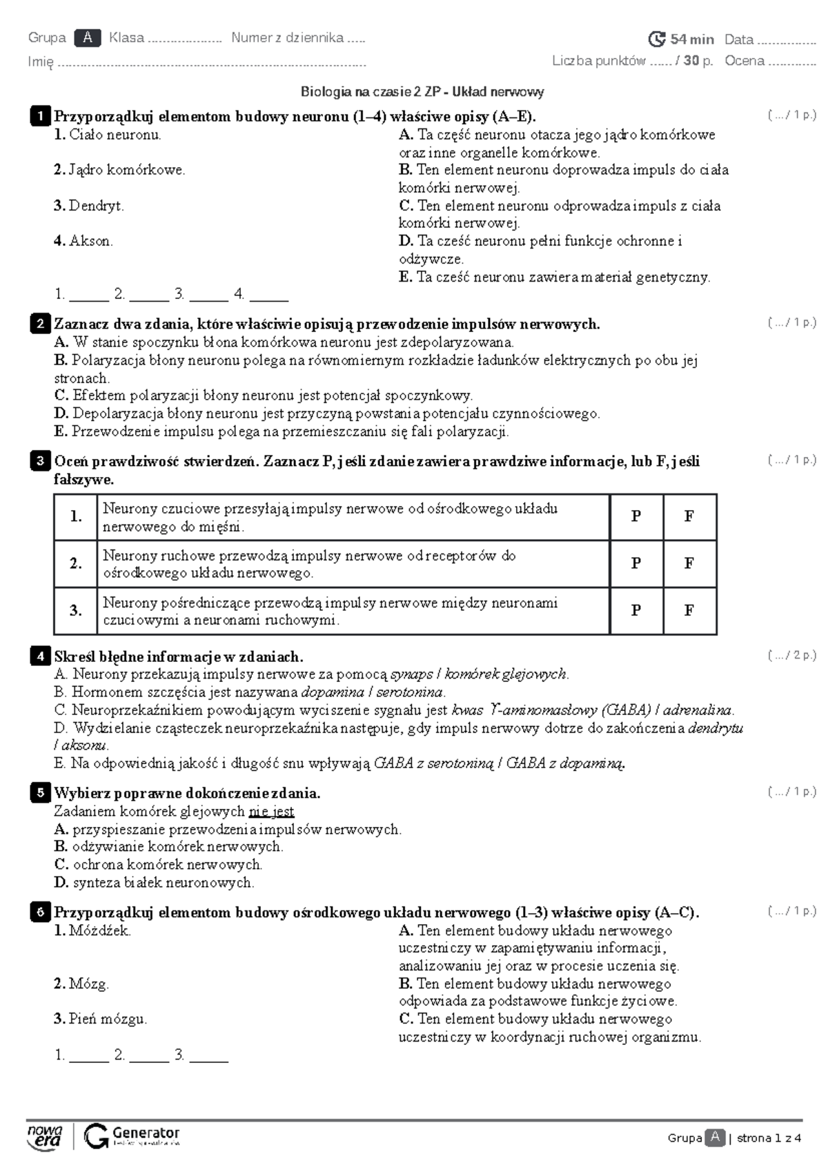 Biologia na czasie 2 ZP - Test z układu nerwowego z punktacją - Studocu