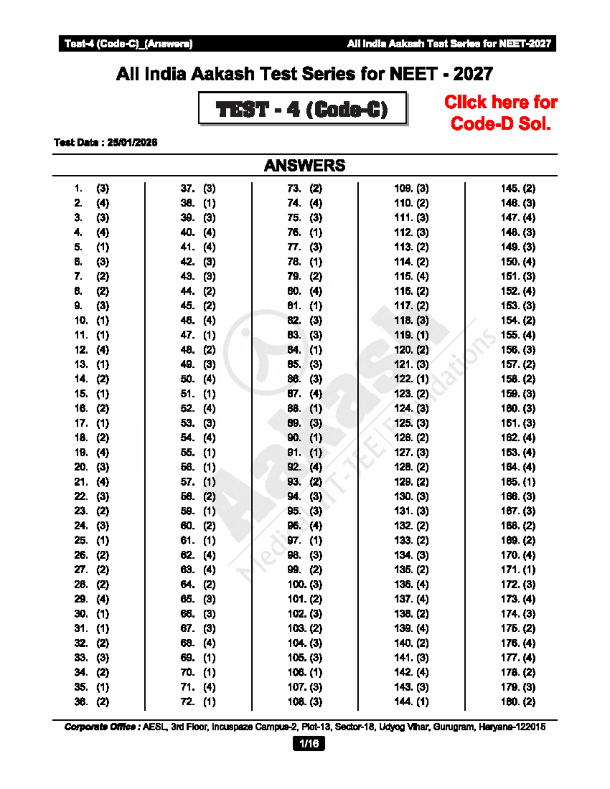 All India Aakash Test Series for NEET 2027 TEST 4 Solutions - Studocu