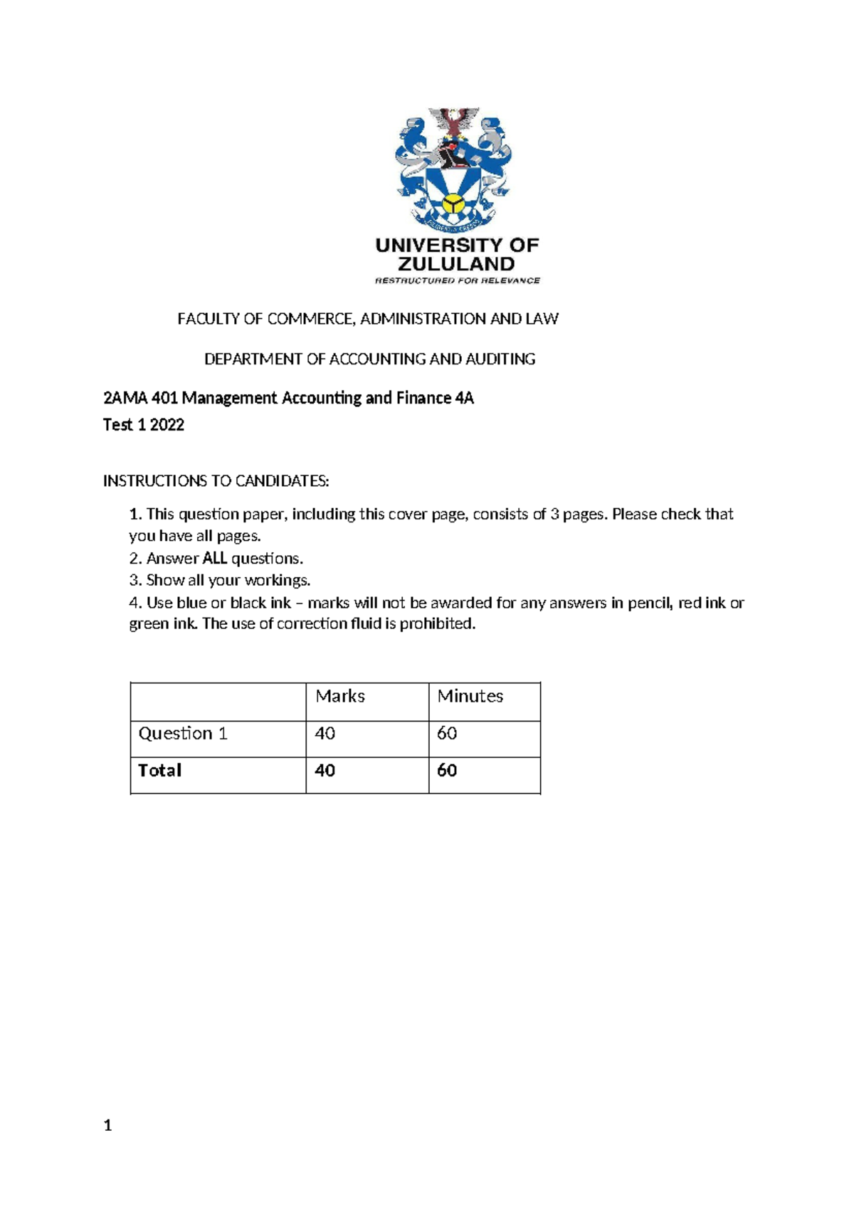 Test 1 - comprehensive assignment - FACULTY OF COMMERCE, ADMINISTRATION ...