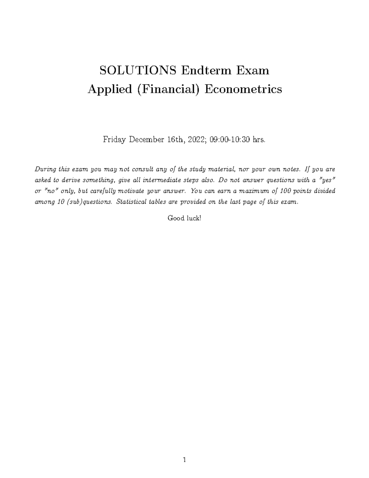 Econometrics 2022 Final Exam Solutions (Applied Financial Econometrics ...