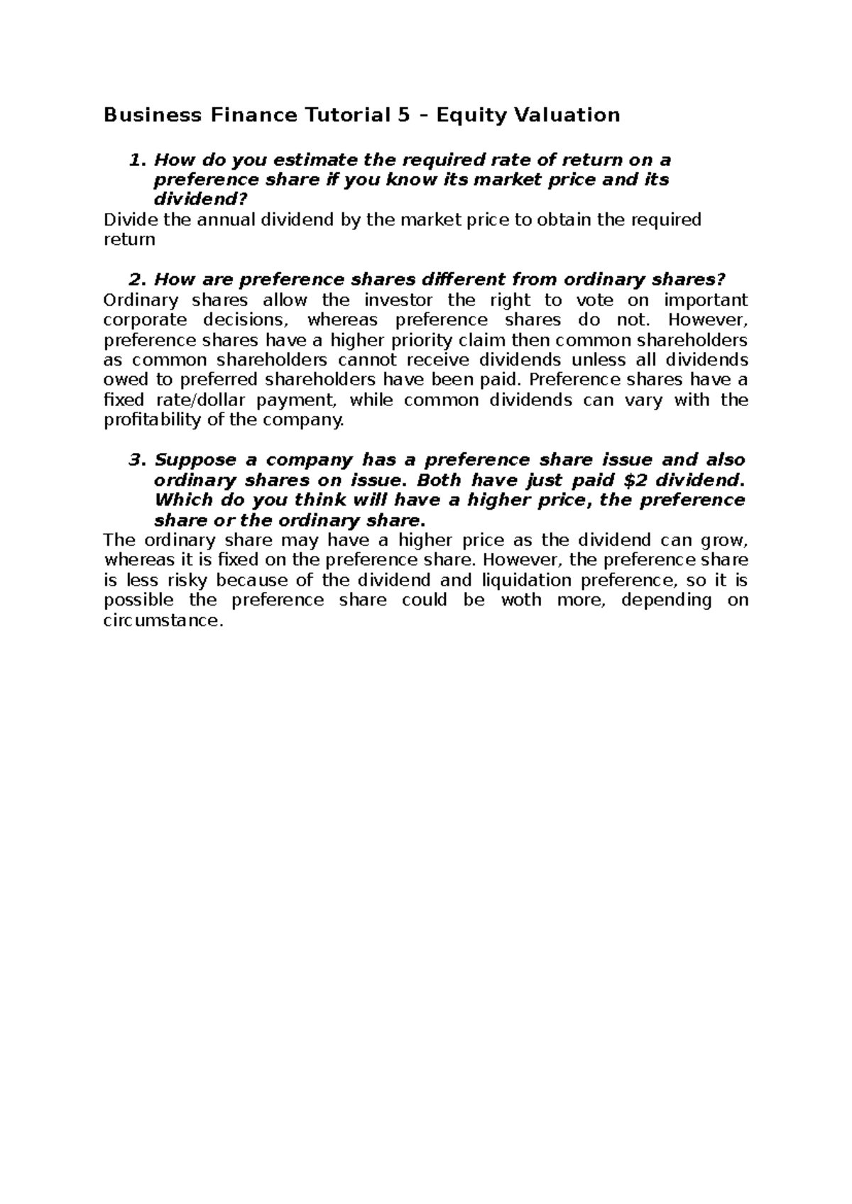 Business finance tutorial 5: Understanding equity valuation concepts ...