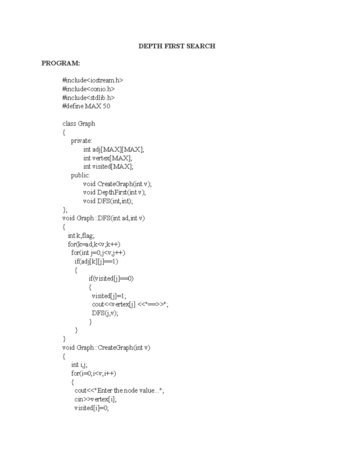 DFS Program Implementation for Graphs: DEPTH FIRST SEARCH - Studocu