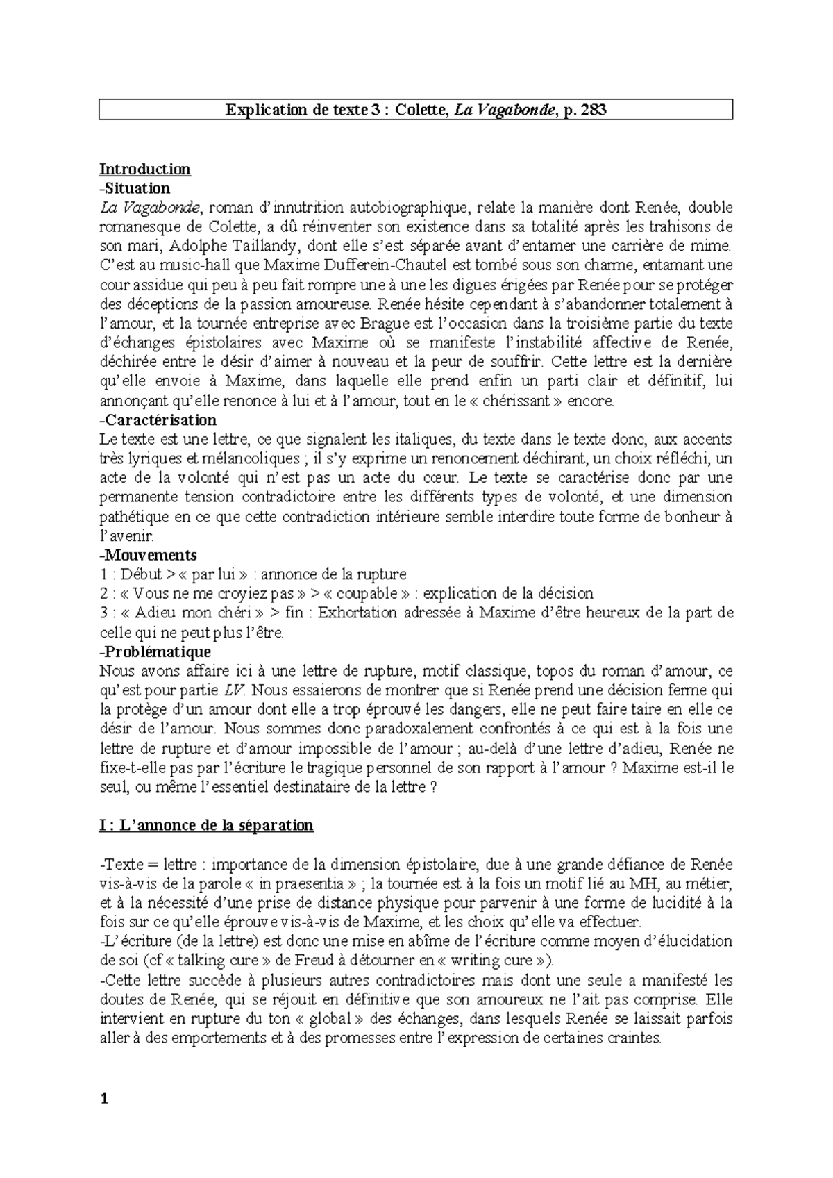 Explication de Texte : Colette, La Vagabonde, p. 283 - Analyse ...