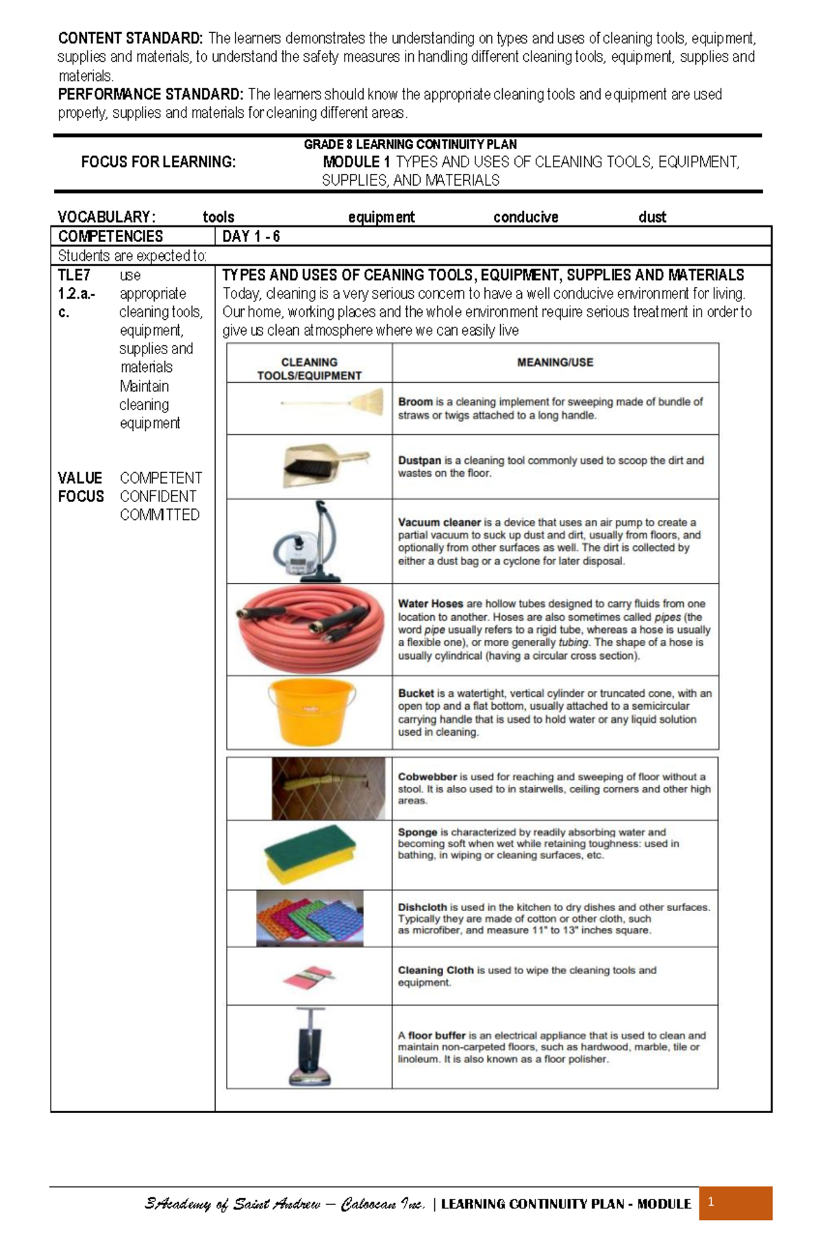 TLE 8 Module on Cleaning Tools and Household Safety Procedures - Studocu