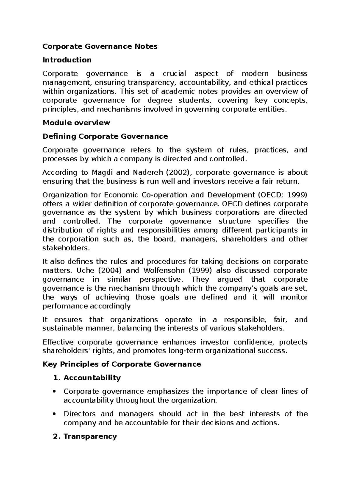 Corporate governance notes - Module-I Introduction to Corporate ...