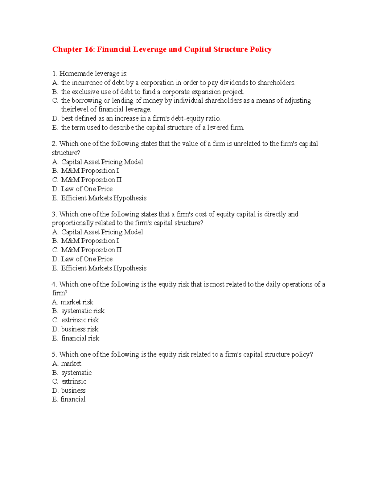 Chapter 16: Financial Leverage & Capital Structure Policy Notes - Studocu