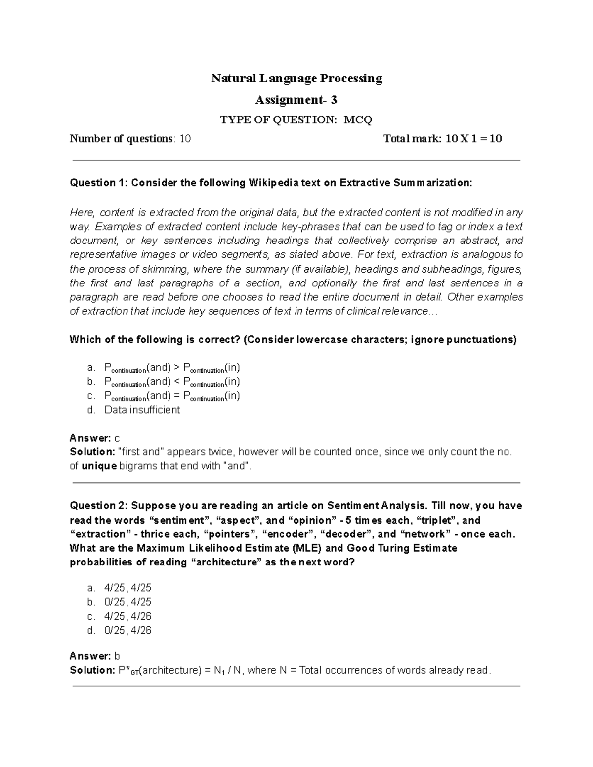 Assignment 3 - Natural Language Processing MCQs - Studocu