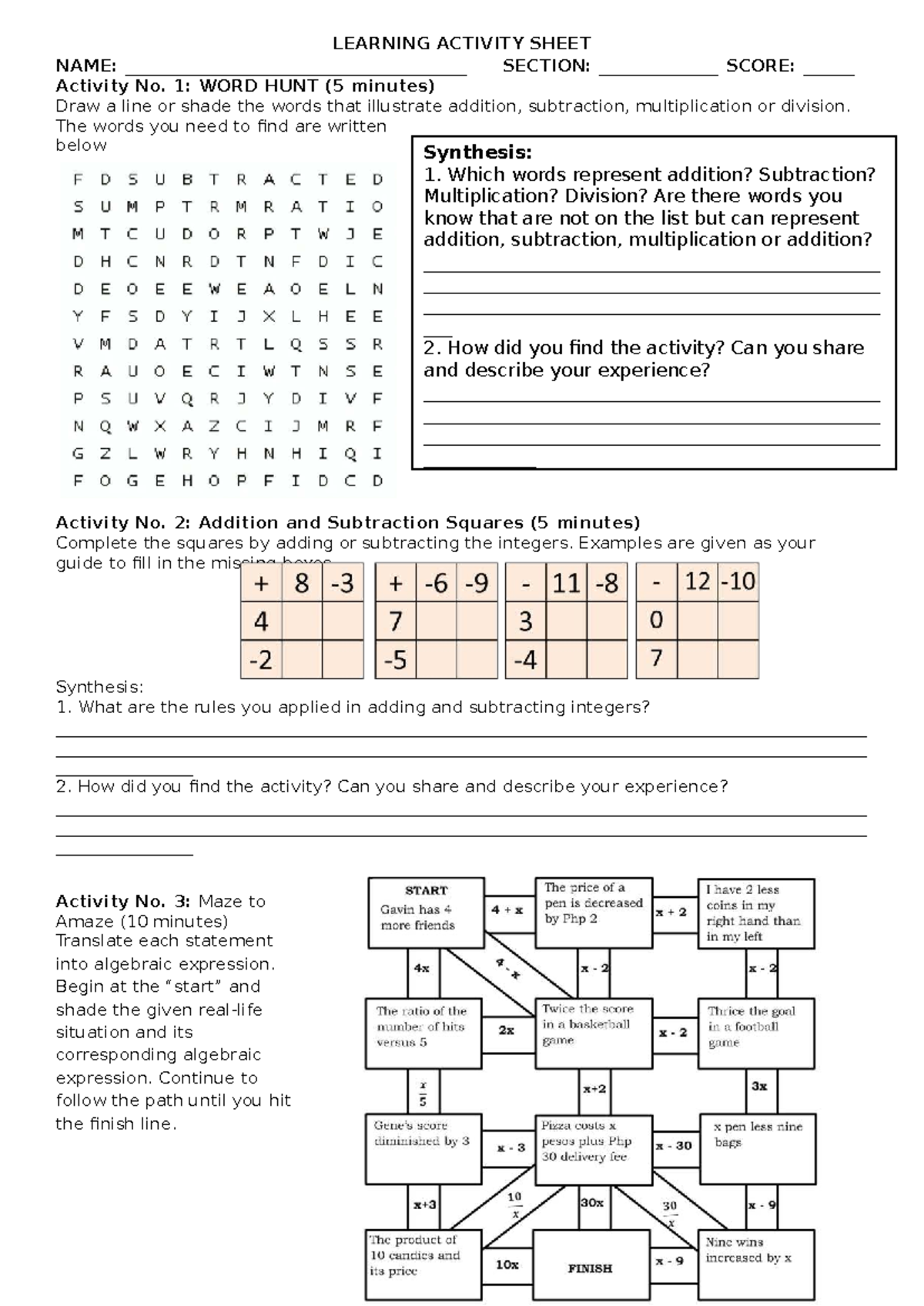 LAS MATH 8: Lesson 2 - Engaging Activities on Operations - Studocu