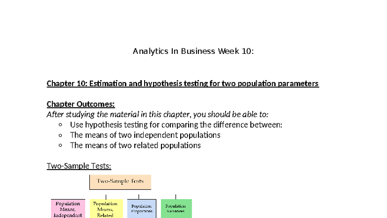 Analytics In Business (Week 10): Estimation & Hypothesis Testing - Studocu