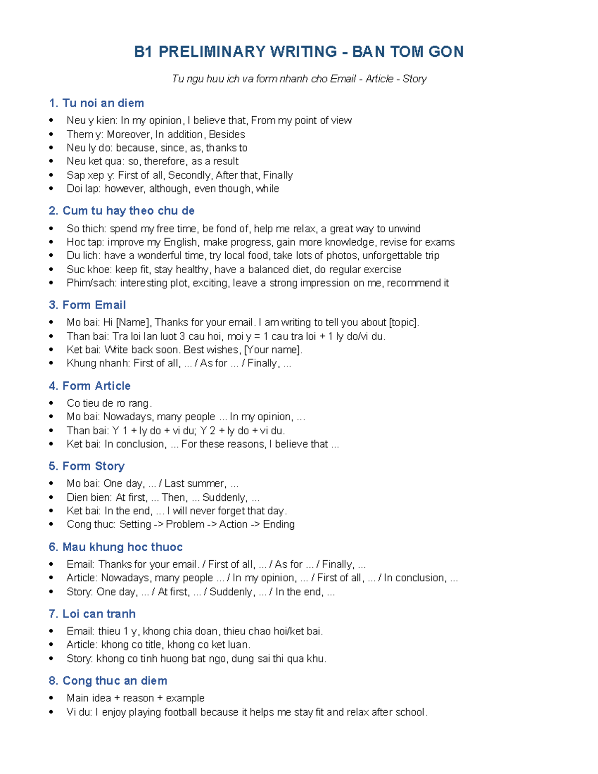 B1 PRELIMINARY WRITING GUIDE: EMAIL, ARTICLE, STORY TIPS - Studocu