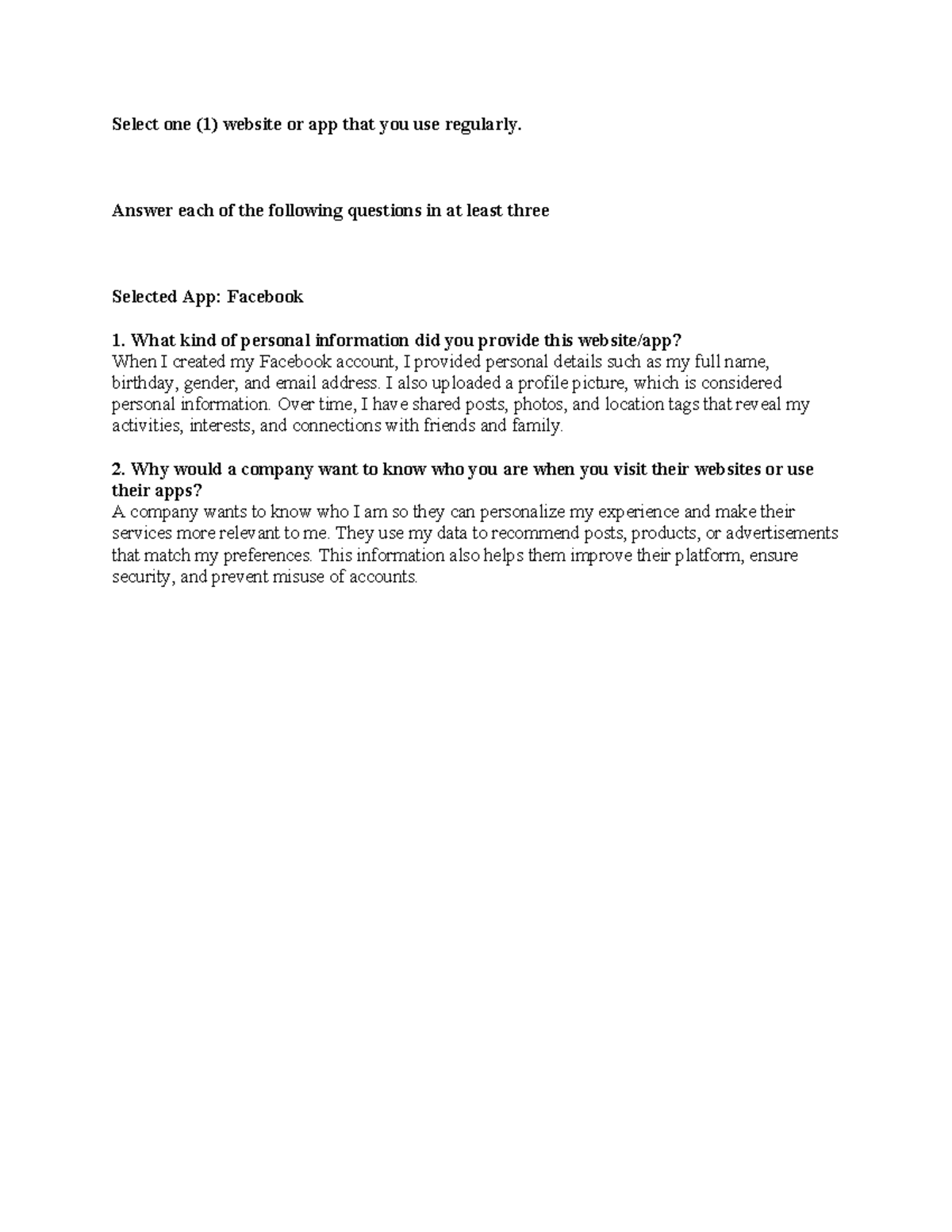 Activity 1: Analyzing Personal Data on Facebook - Assignment - Studocu