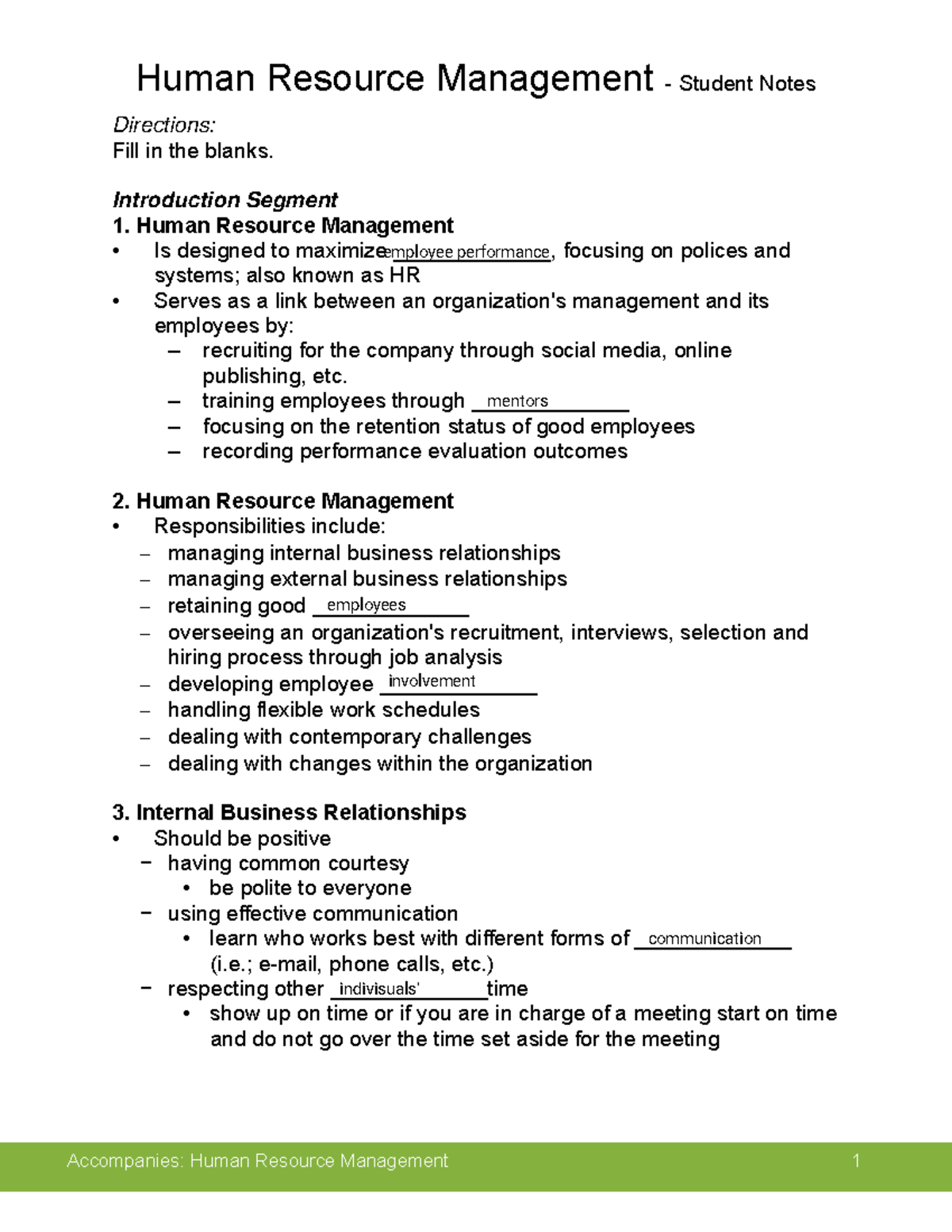 Human Resource Management (HRM) Student Notes: Fill in the Blanks - Studocu