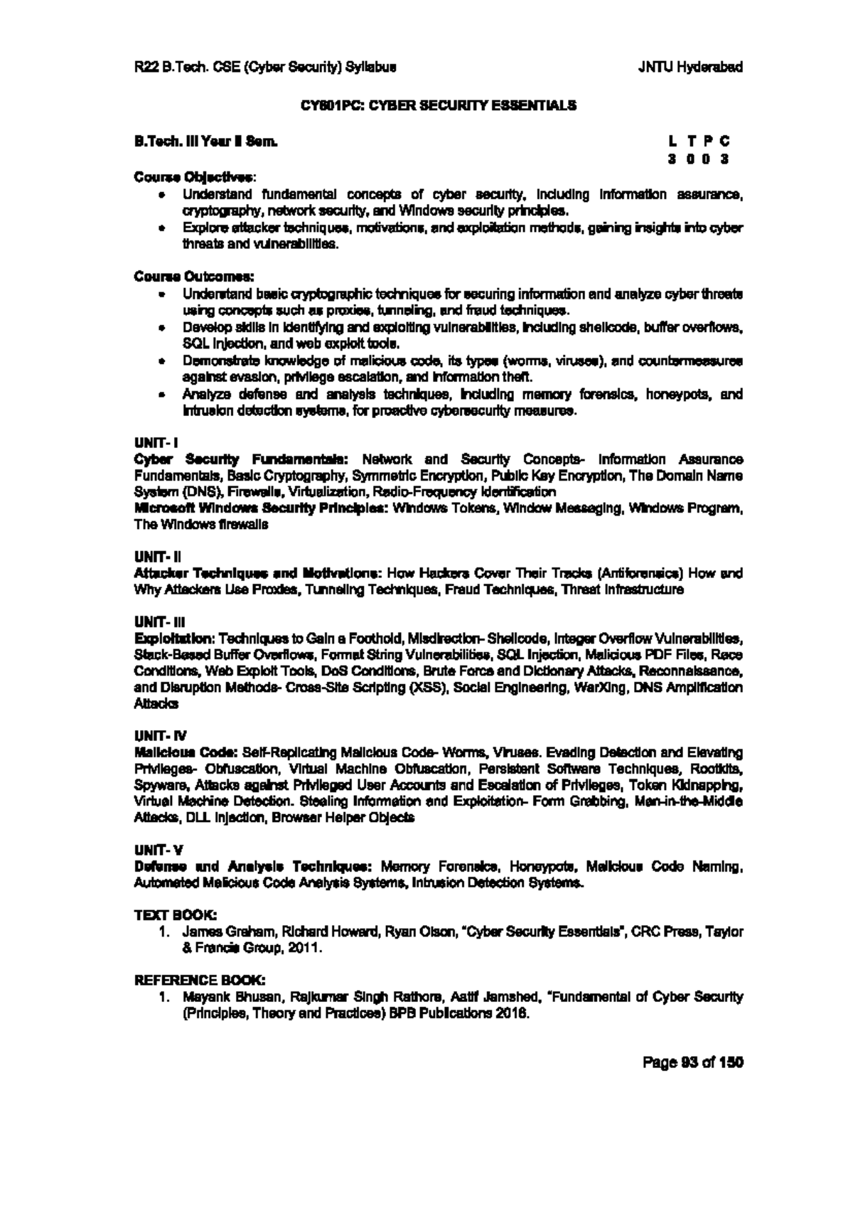 R22 3.Tech. CSE CY601PC: Cyber Security Essentials Syllabus - Studocu