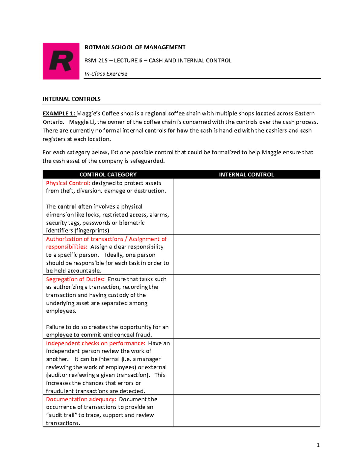 RSM 219 - Class 6 (CH4) Cash and Internal Control - Student Handout - 1 ...