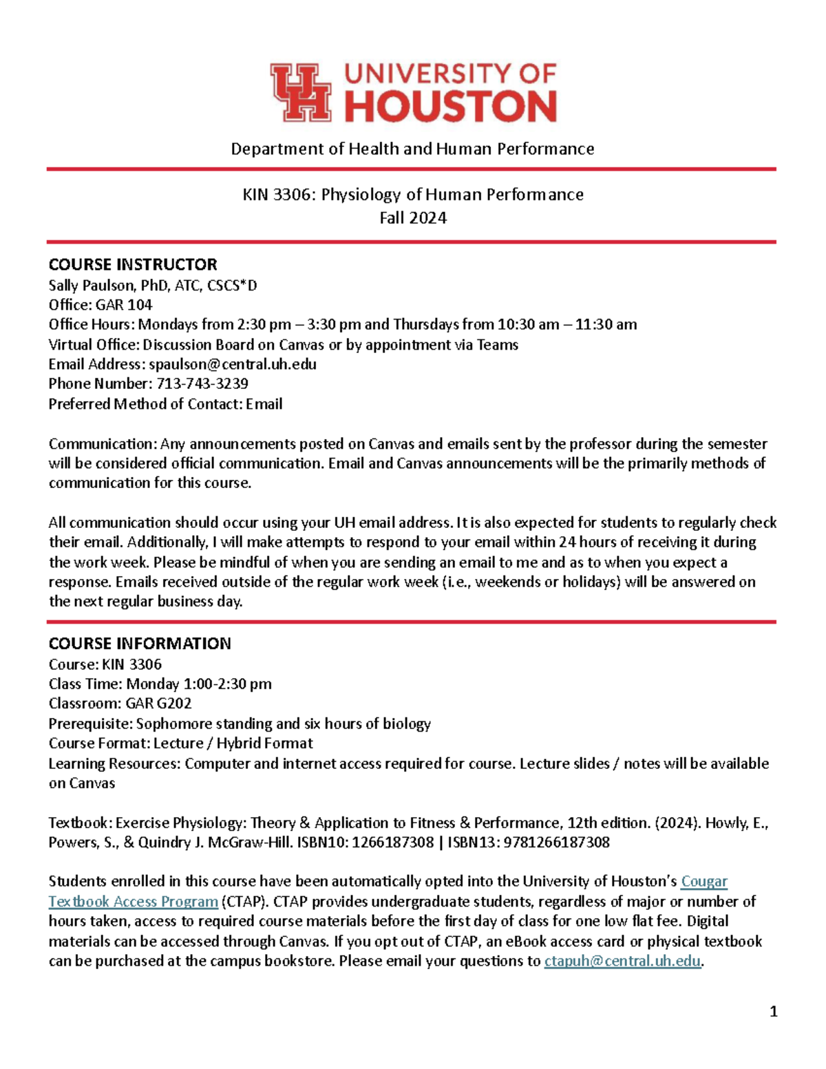 KIN 3306 Syllabus: Physiology of Human Performance (Fall 2024) - Studocu