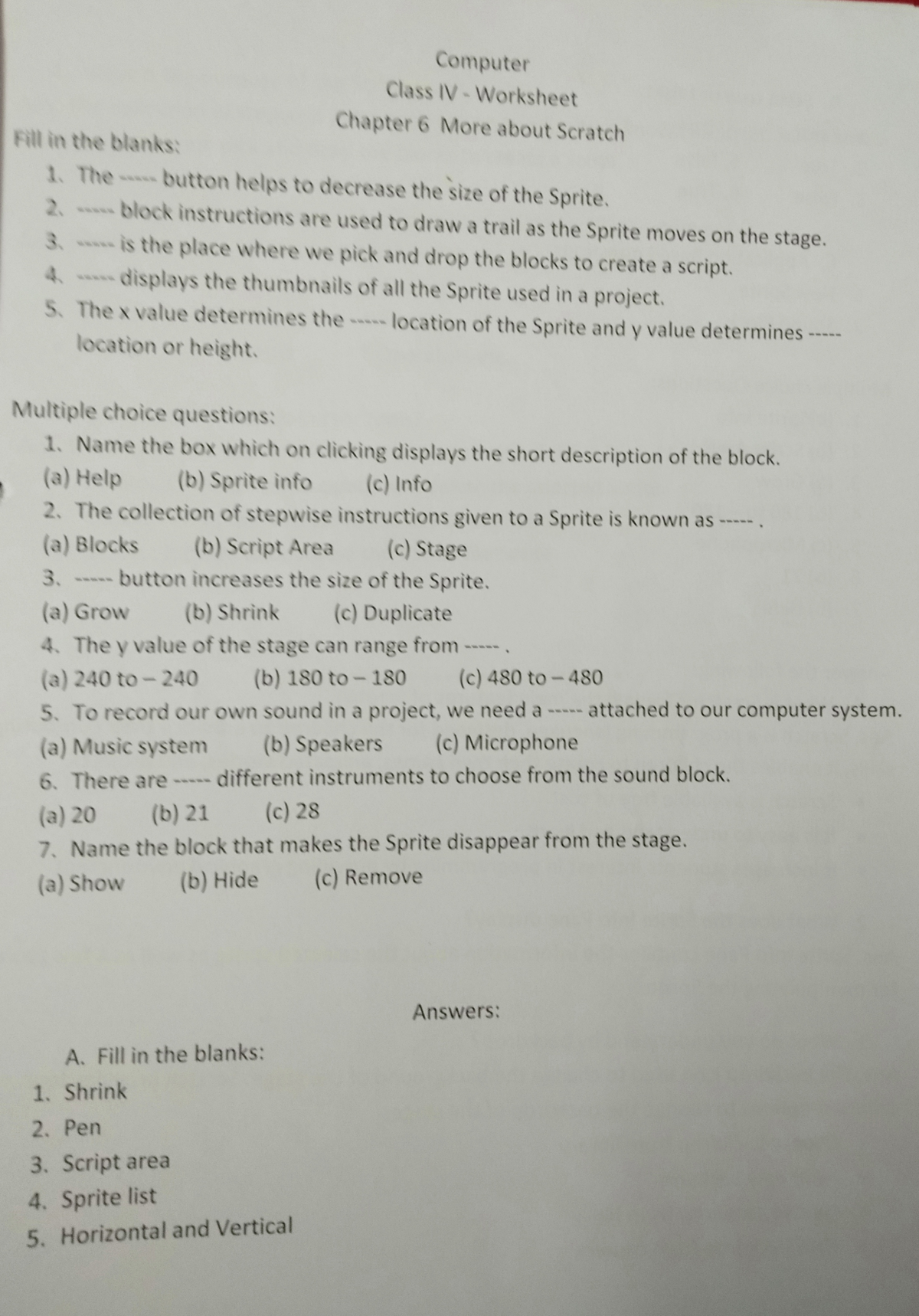 Scratch 2 - Lecture note - Computer Class IV Worksheet Chapter 6 More ...