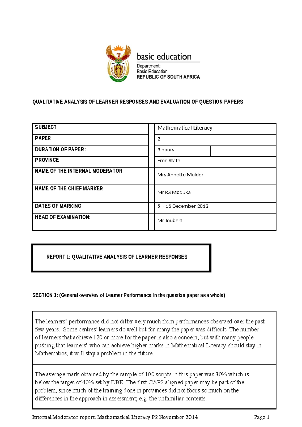 Free State Mathematical Literacy P2 Internal Moderator Report - Nov ...