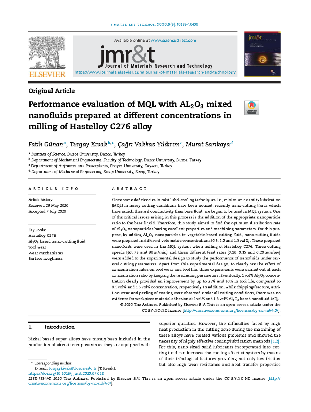 Performance Evaluation of MQL with Al2O3 Nanofluids in Milling ...