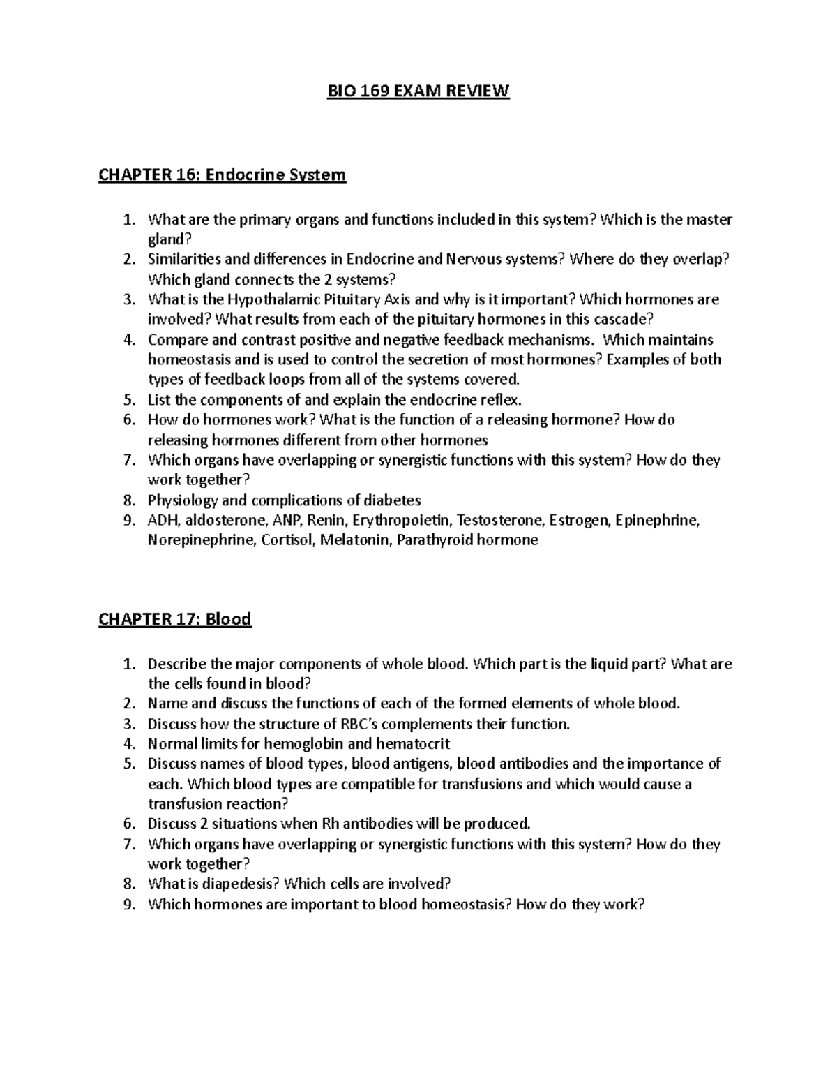 BIO 169 Comprehensive Exam Review Guide - Studocu