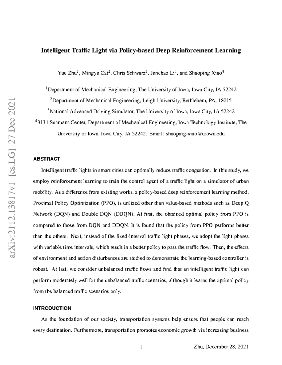 Intelligent Traffic Light Control via PPO in Deep Reinforcement ...