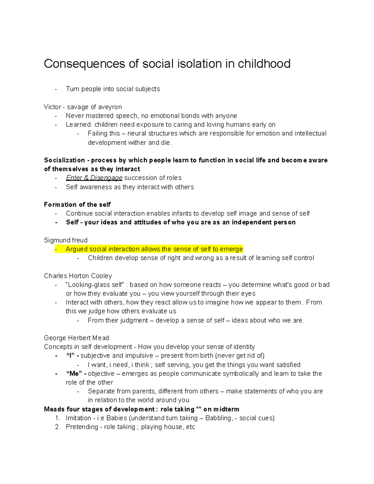 SOC 100 Final Exam Notes: Social Isolation, Self-Development ...