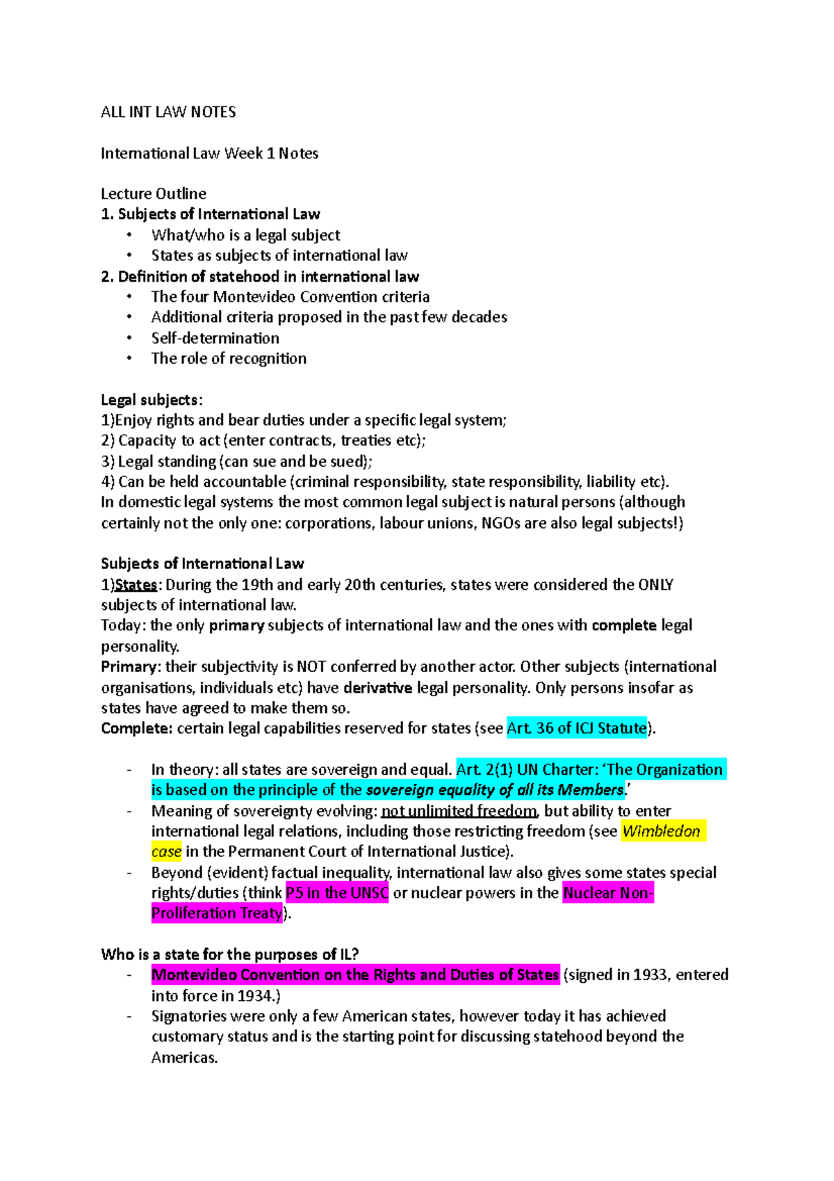 ALL INT LAW Notes - ALL INT LAW NOTES International Law Week 1 Notes ...