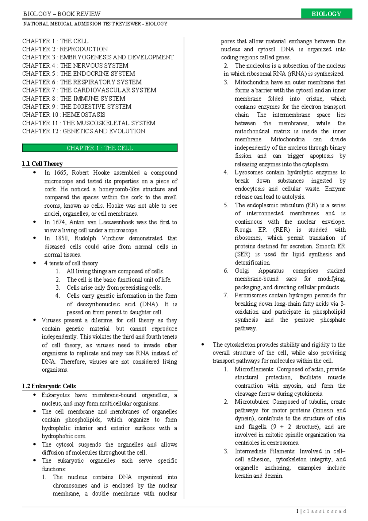 BIOLOGY NATIONAL MEDICAL ADMISSION TEST REVIEWER: CHAPTERS ON CELL ...