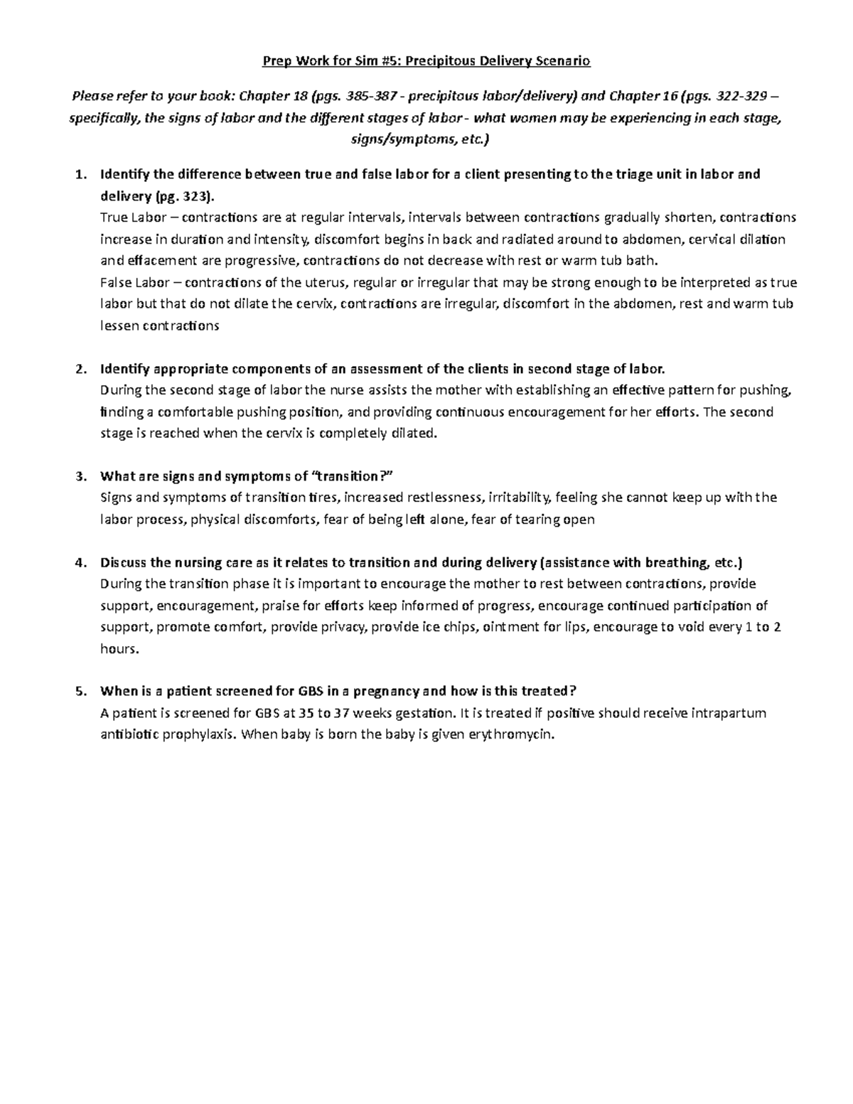 OB Prep Sim #5: Precipitous Delivery & Labor Assessment Notes - Studocu