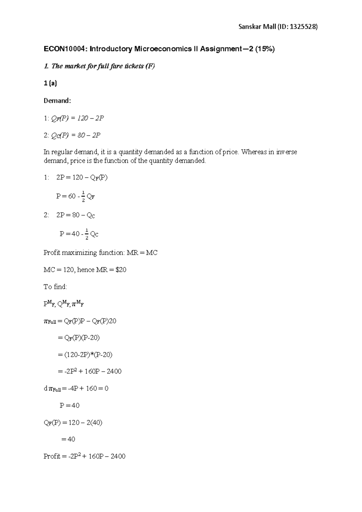 ECON10004 Assignment 2: Microeconomics Analysis of Ticket Pricing - Studocu