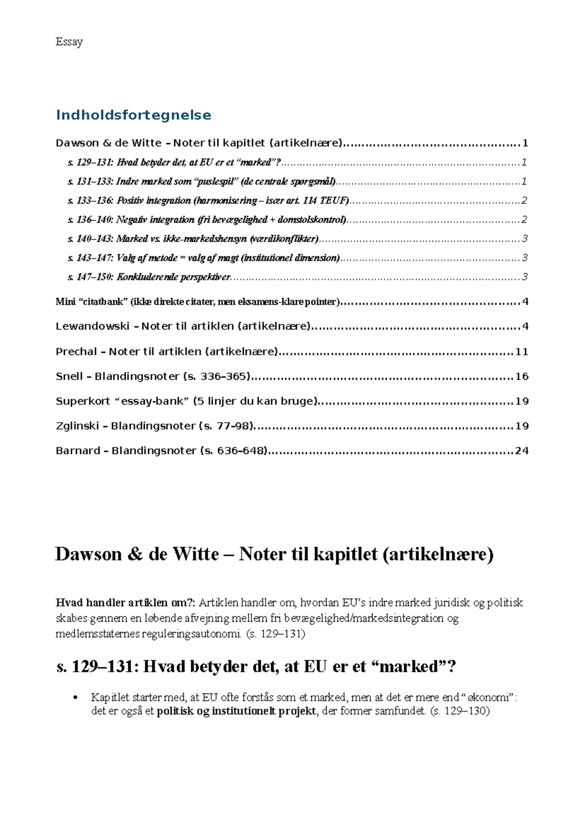 Essay Noter til kapitlet om det Indre Marked (EU) - Dawson de Witte ...