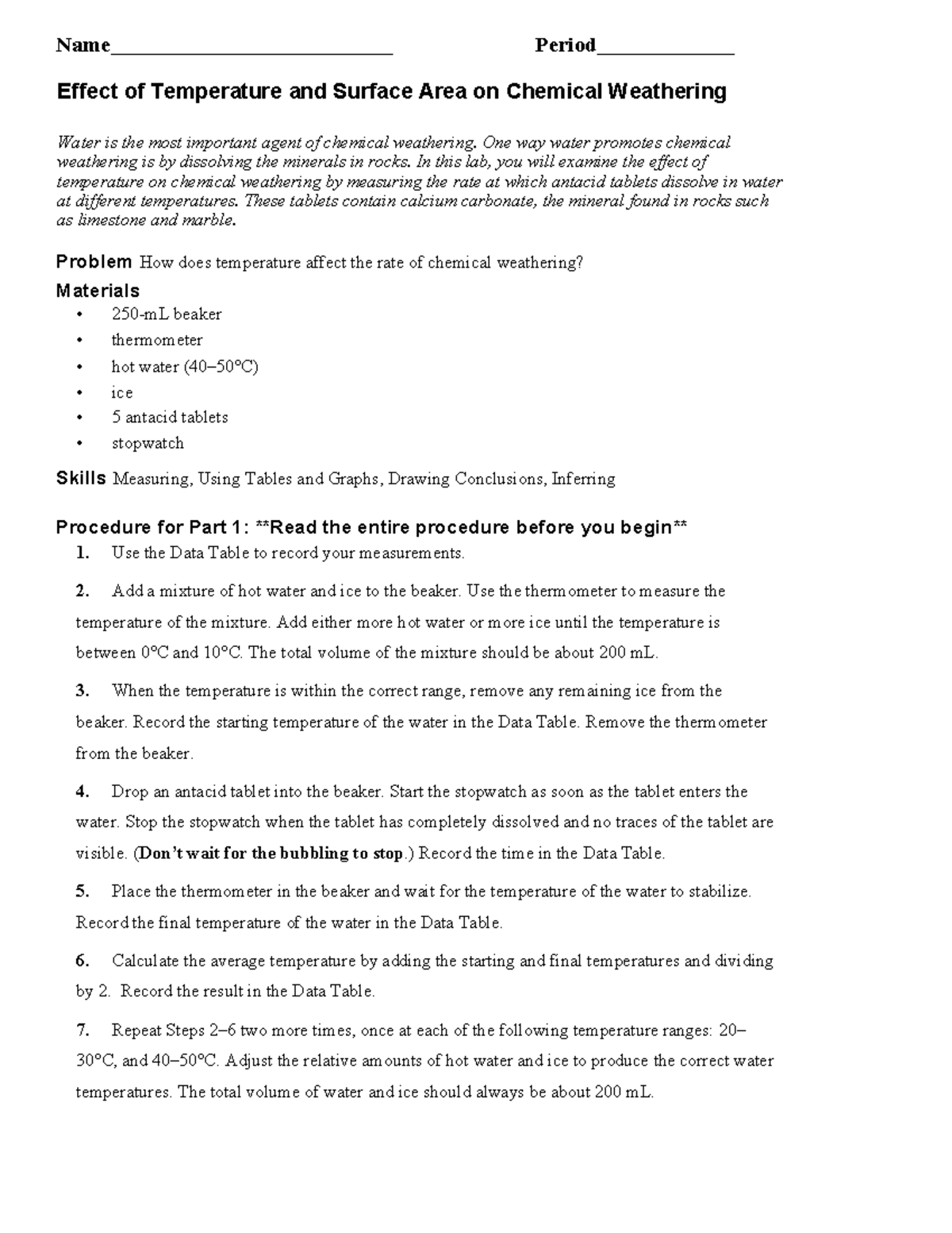 Chemical Weathering Lab (2022): Effects of Temp & Surface Area on Rates ...