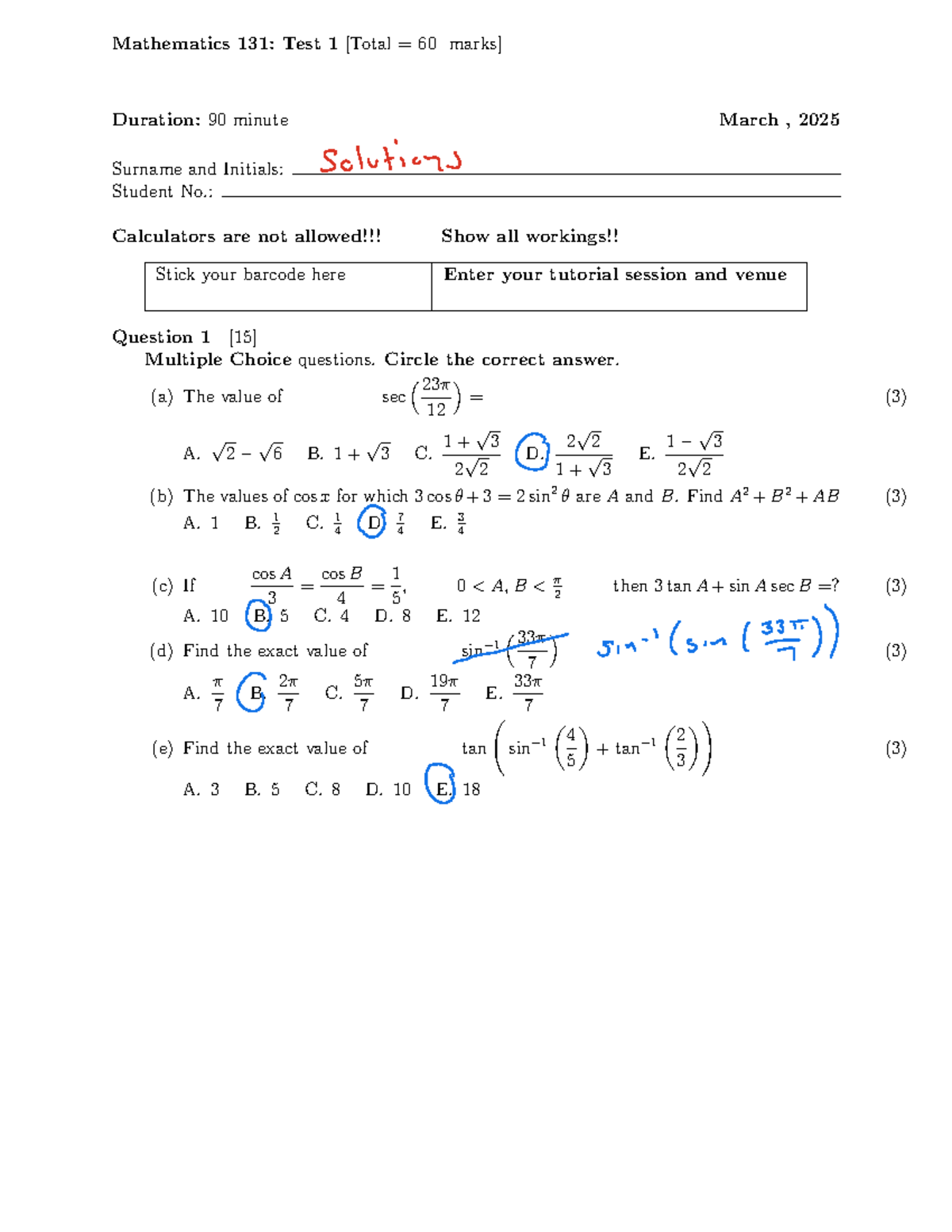 MATH 131 Test 1 2025 Solutions - Mathematics 131: Test 1 [Total = 60 ...