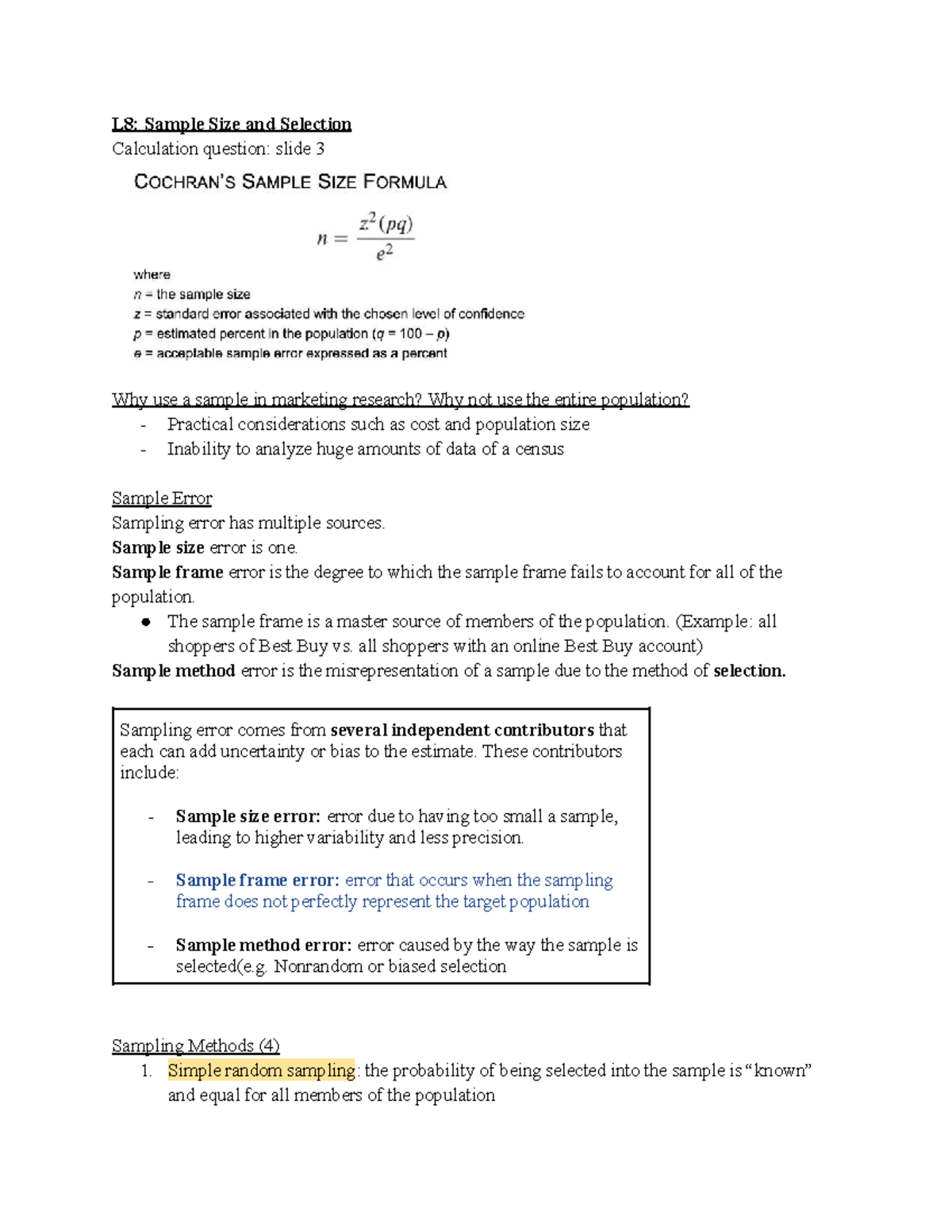L8: Sample Size and Selection in Marketing Research - Studocu