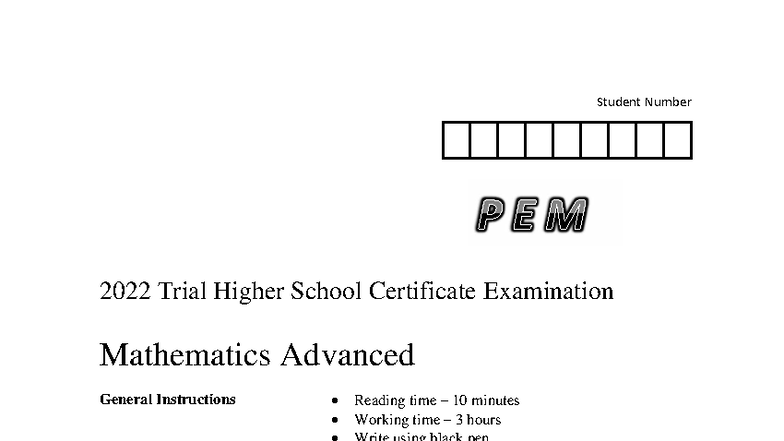 PEM 2022 - HSC Mathematics Advanced Trial Exam Paper - Studocu